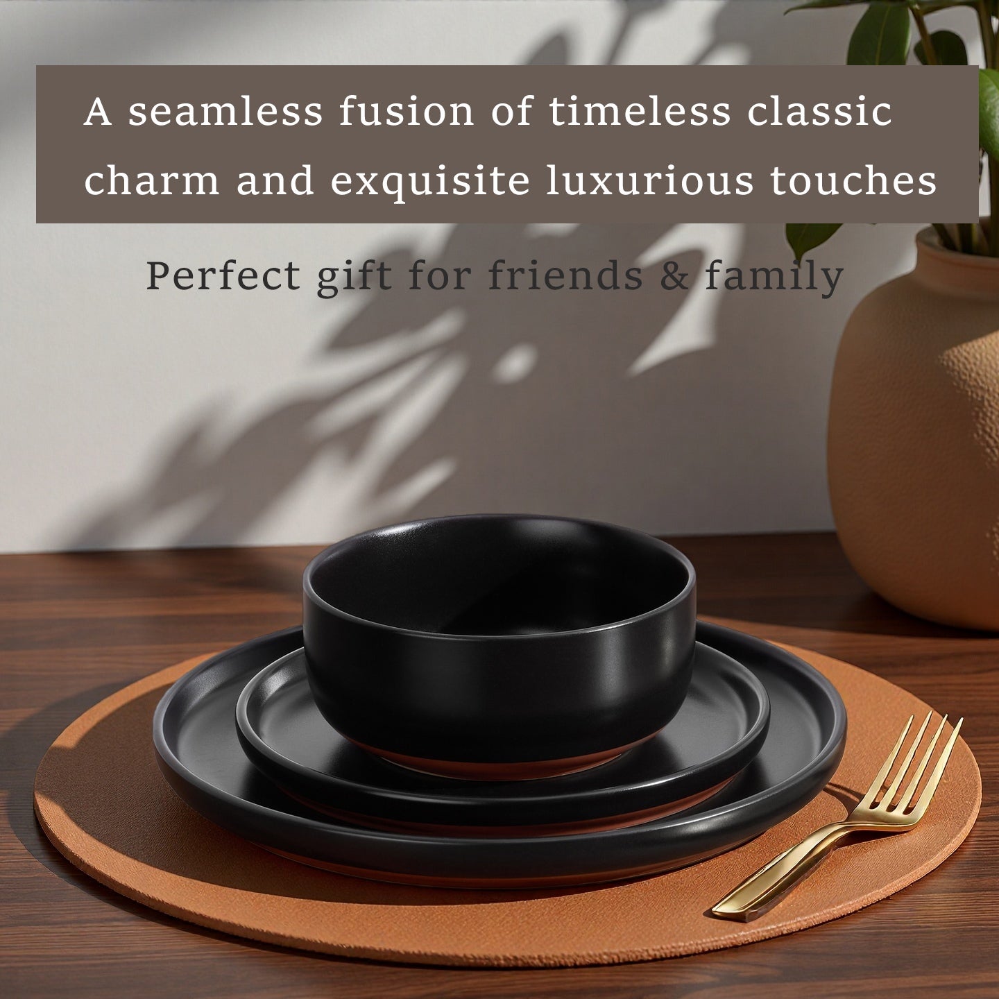Onader 12-Piece Dinnerware Sets, Plates and Bowls Set for 4, Stoneware Dishware for Home Restaurant, Dishwasher & Microwave Safe, Matte Black