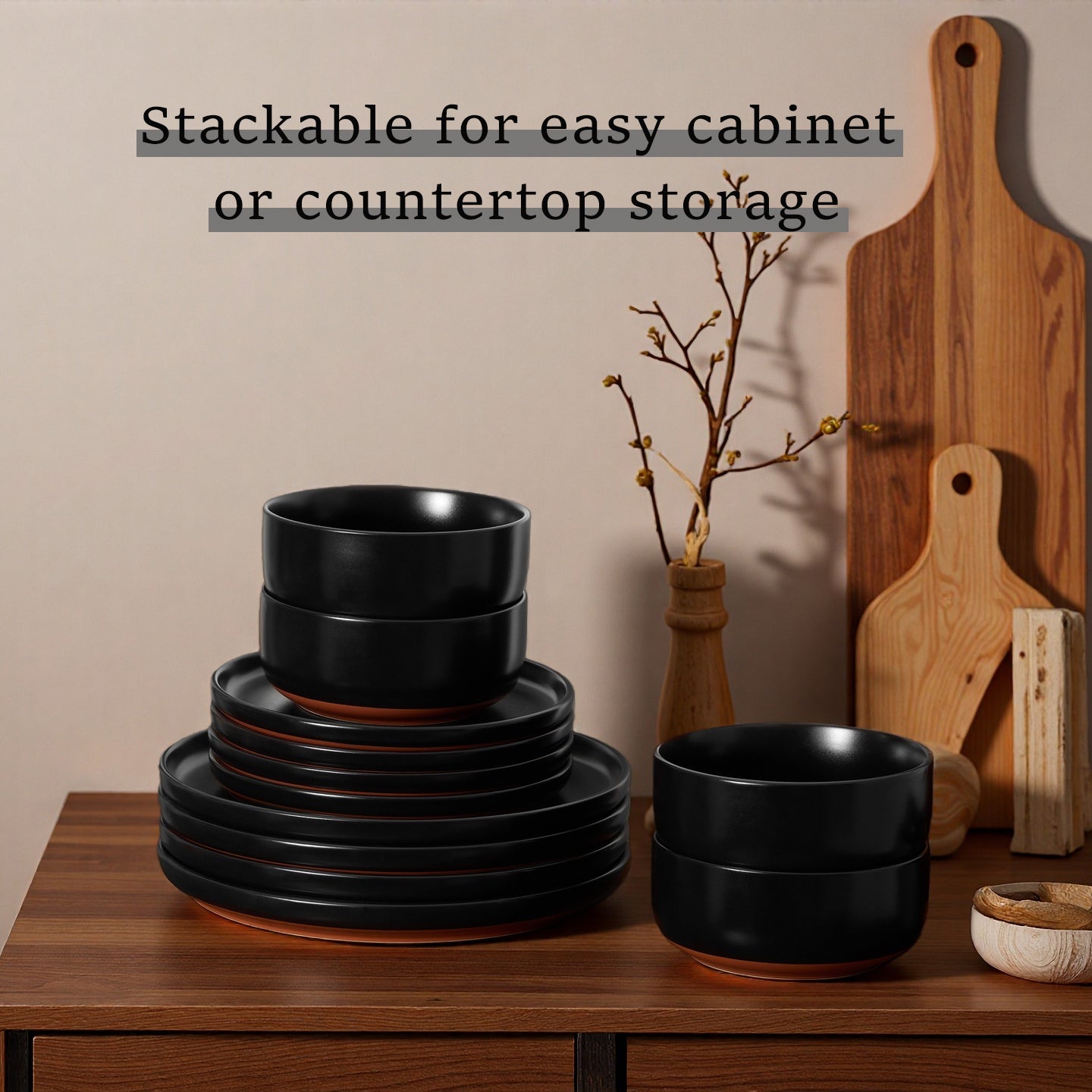 Onader 12-Piece Dinnerware Sets, Plates and Bowls Set for 4, Stoneware Dishware for Home Restaurant, Dishwasher & Microwave Safe, Matte Black