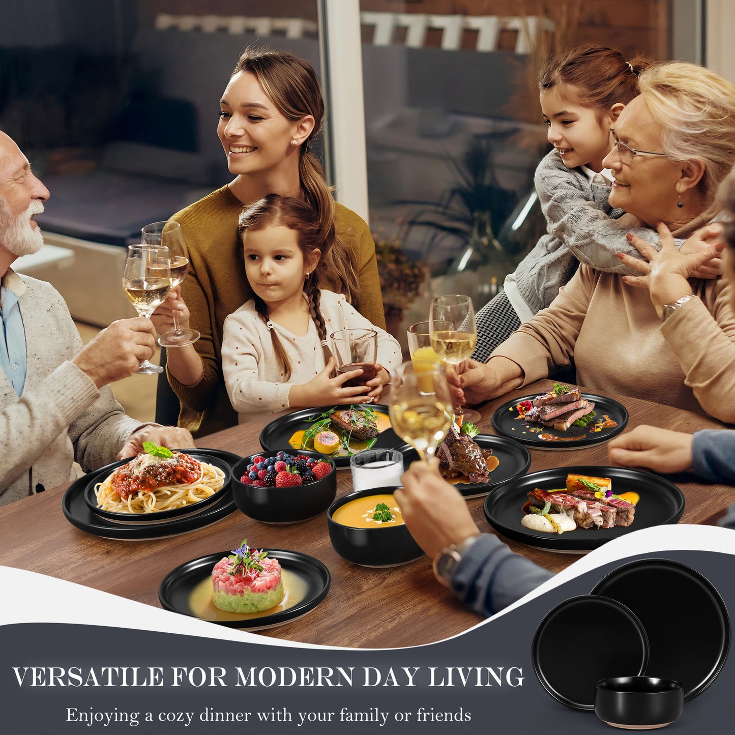 Vesteel 12-Piece Dinnerware set, Ceramic Plates and Bowls set for 4, Speckled Stoneware Dishes Set for Family, Microwave & Dishwasher Safe - Matte Black