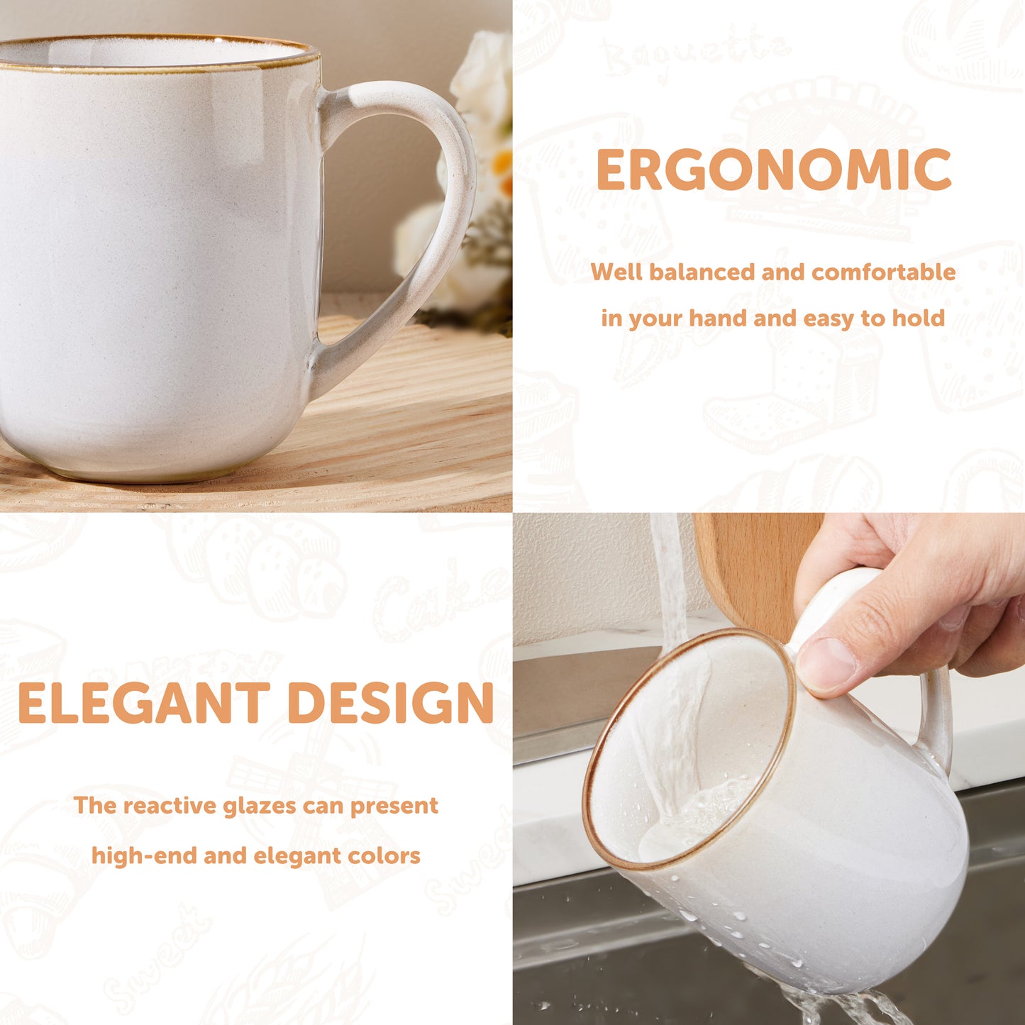 Vesteel Coffee Mug Set of 4, 14oz Ceramic Coffee Cups with Handles, Handmade Reactive Glaze Mugs Set for Tea Milk, Gifts for Man Woman, Seashell White