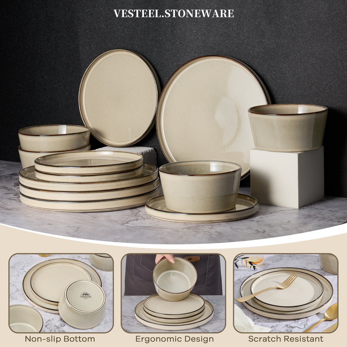 Vesteel Dinnerware Sets for 4, 12-Pieces Ceramic Plates and Bowls Sets, Handmade Reactive Glaze Dishes Set for Kitchen Dining, Dishwasher Safe, Khaki