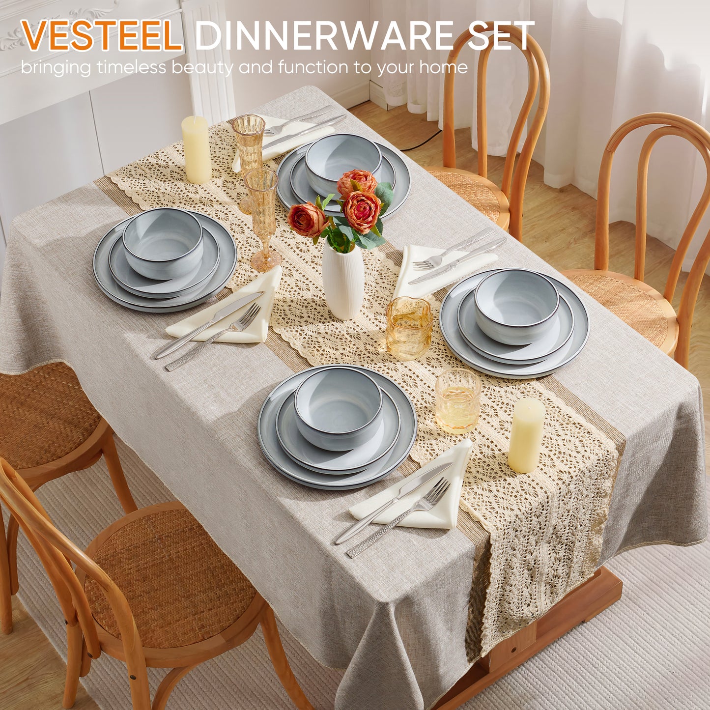 Vesteel 12-Piece Dinnerware Sets, Stoneware Dish and Bowls Set for 4, Ceramic Plates Set with Zisha Clay Base for Home Kitchen, Chip & Scratch Resistant - Ivory White