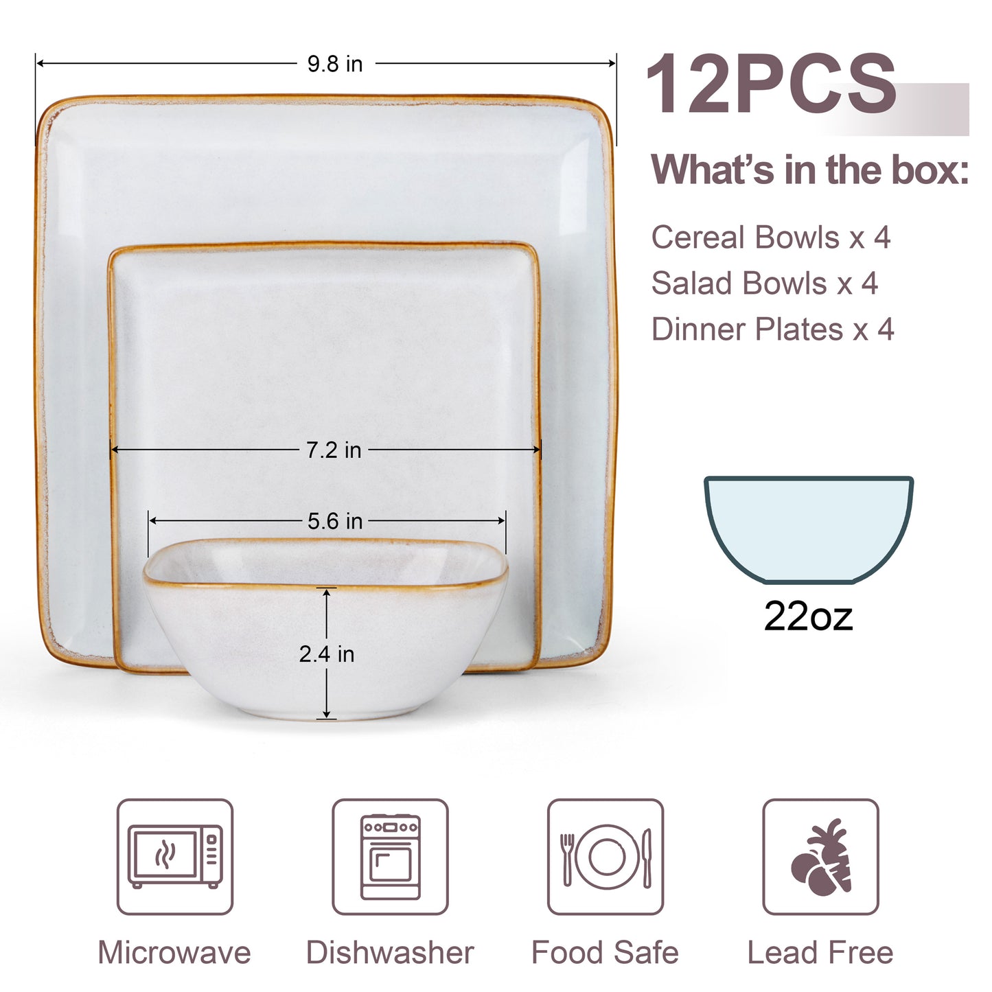 Vesteel Square Dinnerware Sets for 4, 12-Piece Stoneware Dish and Bowls Set, Handmade Reactive Glaze Coupe Plates Set, Chip & Scratch Resistant - Seashell White