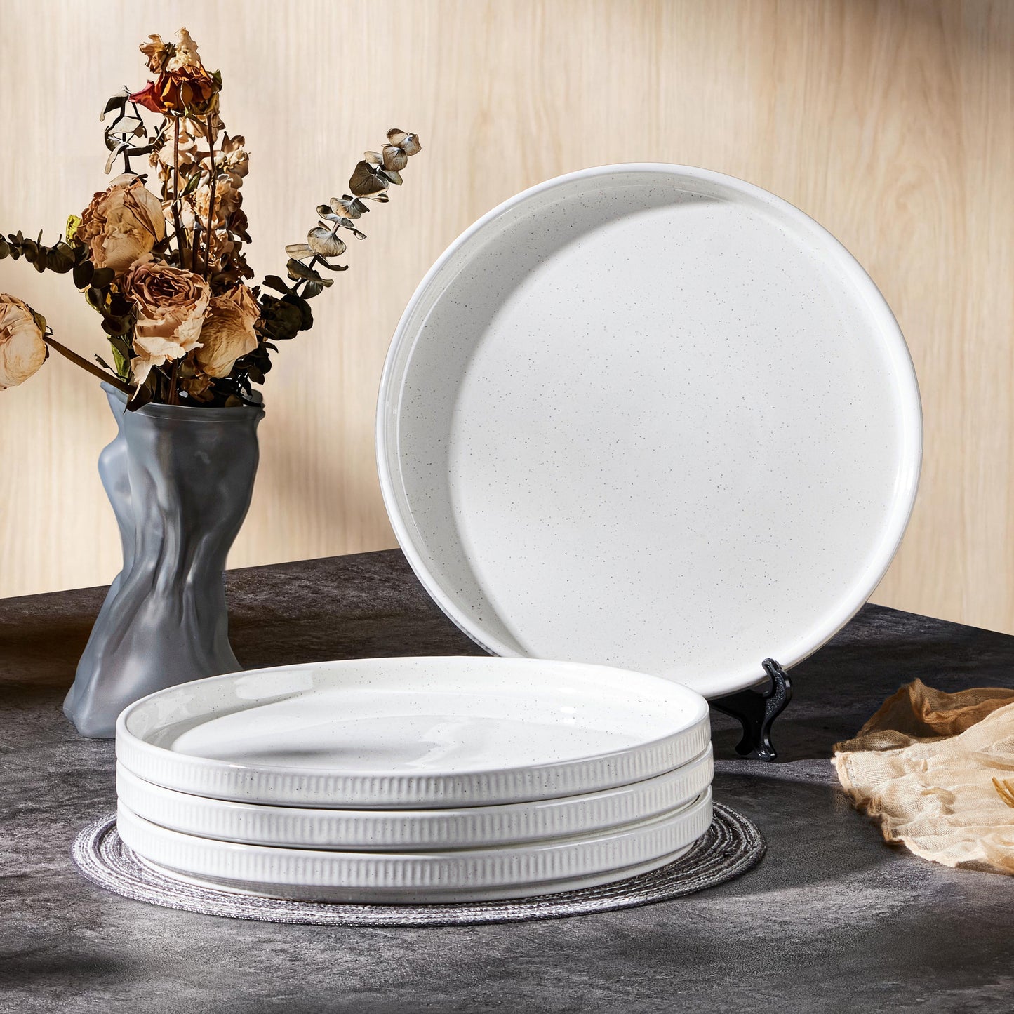 Vesteel 4 Pieces Dinner Plates Set, Premium Stoneware Ribbed Dishes, Chip & Scratch Resistant Ceramic Set for Home Restaurant, Microwave and Dishwasher Safe - Speckled White