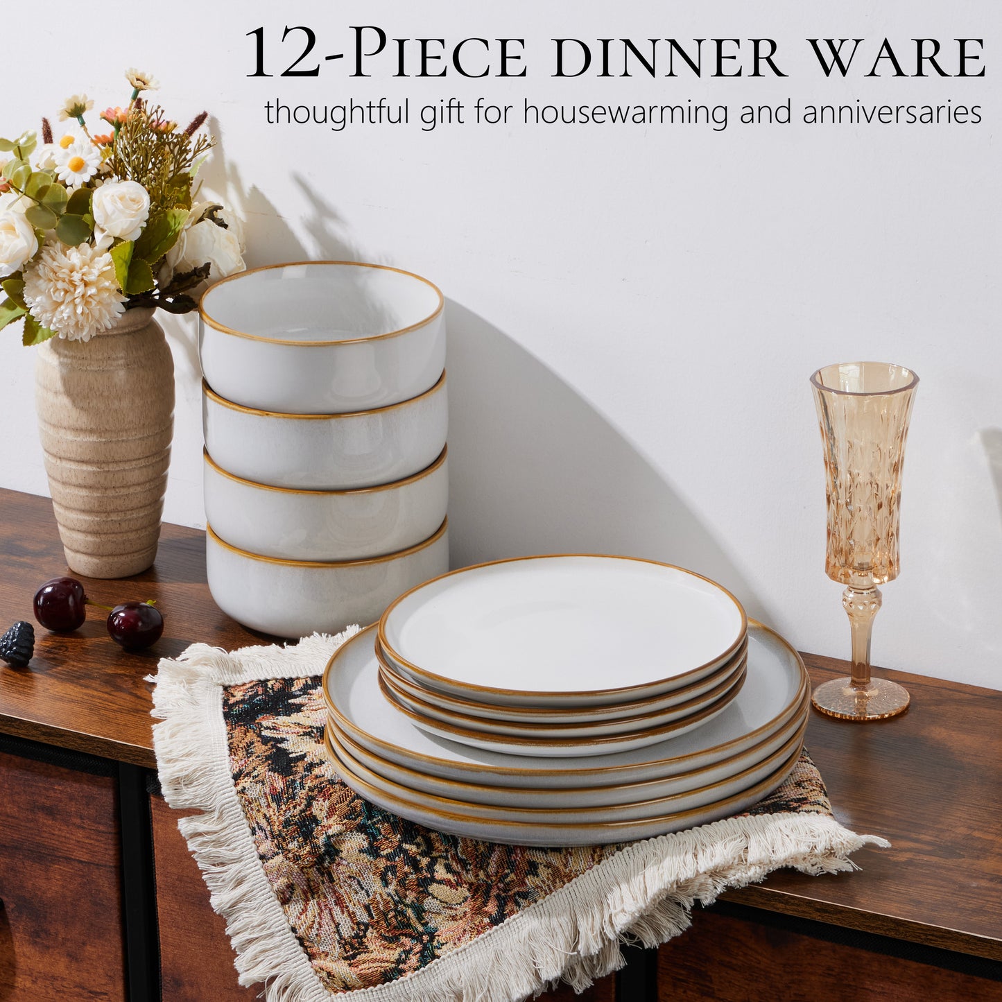 Vesteel Dinnerware Sets for 4, 12-Piece Stoneware Dish and Bowls Set, Handmade Reactive Glaze Coupe Plates Set for Family, Chip & Scratch Resistant - Seashell White