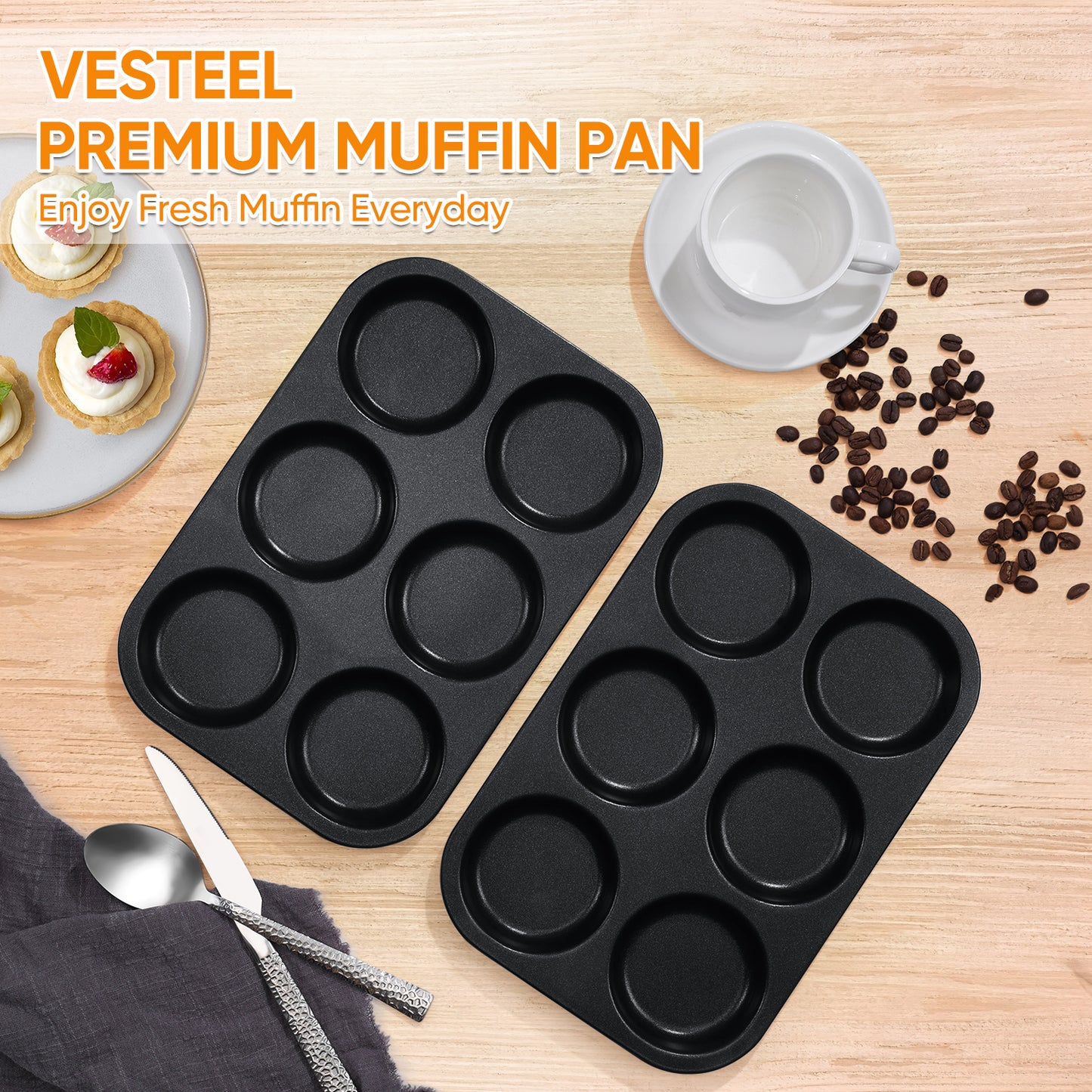 Vesteel Muffin Top Pans Set of 2, 6-Cup Stainless Steel Cupcake Pan for Baking, 11” x 7.5” Regular Size Metal Pan Tin Tray for Mini Cake Cookie Egg Hamburger, Oven Safe