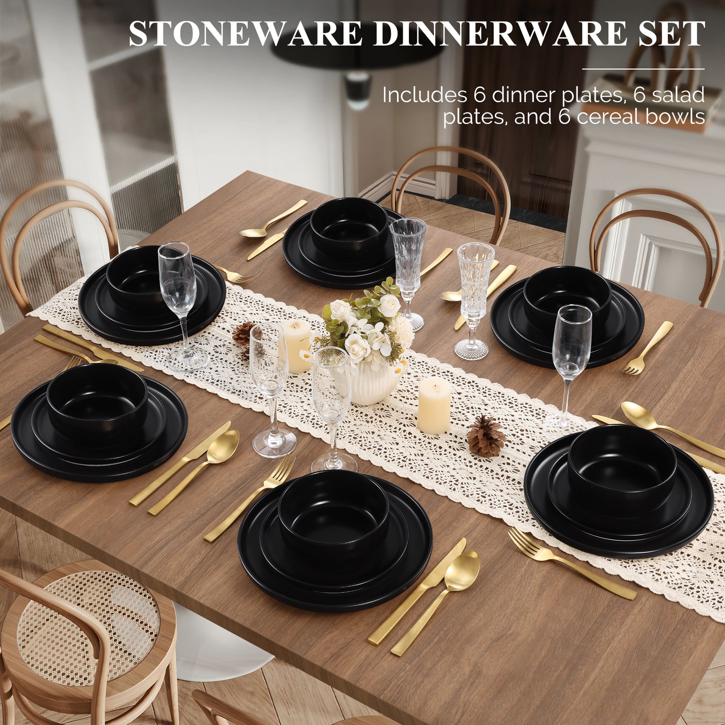 Vesteel 18-Piece Dinnerware set, Ceramic Plates and Bowls set for 6, Speckled Stoneware Dishes Set for Family, Microwave & Dishwasher Safe - Matte Black
