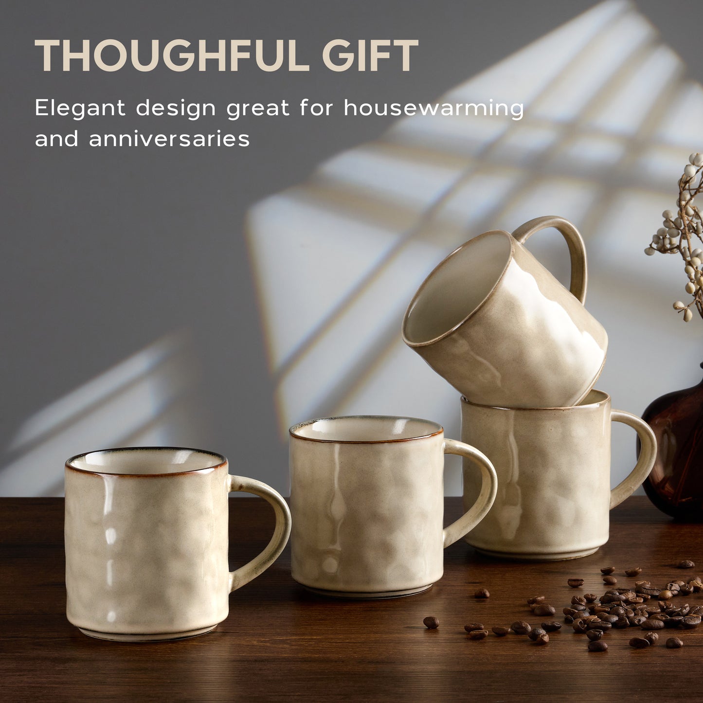 Vesteel Coffee Mug Set of 4, Ceramic Coffee Cups with Handles, 1oz Stoneware Mugs set for Coffee Tea Milk, Wave Design Mug Gifts for Home Office Restaurant, Khaki