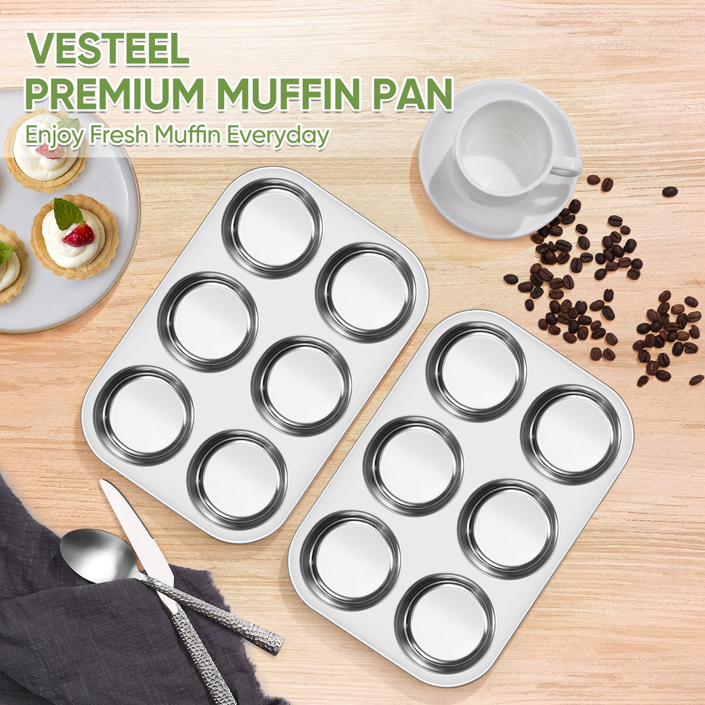 Vesteel 6-Cup Muffin Pan Set of 2, Stainless Steel Cupcake Pan Metal Muffin Baking Tins for Oven, Non-toxic & Dishwasher Safe