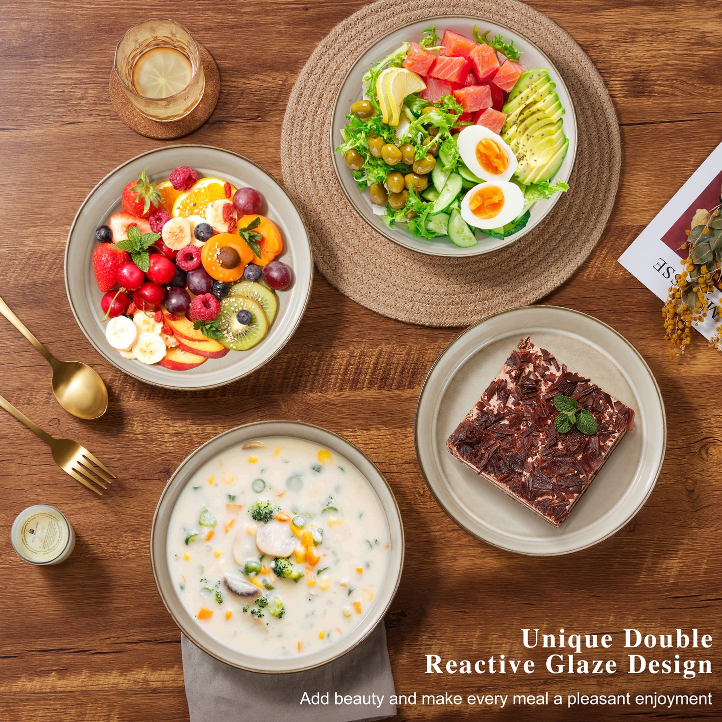 Vesteel Pasta Bowls Set of 4, 34oz Salad Plates for Home Kitchen, Double Reactive Glaze Large Wide Ceramic Bowls for Serving Dinner, Microwave & Dishwasher Safe, Khaki