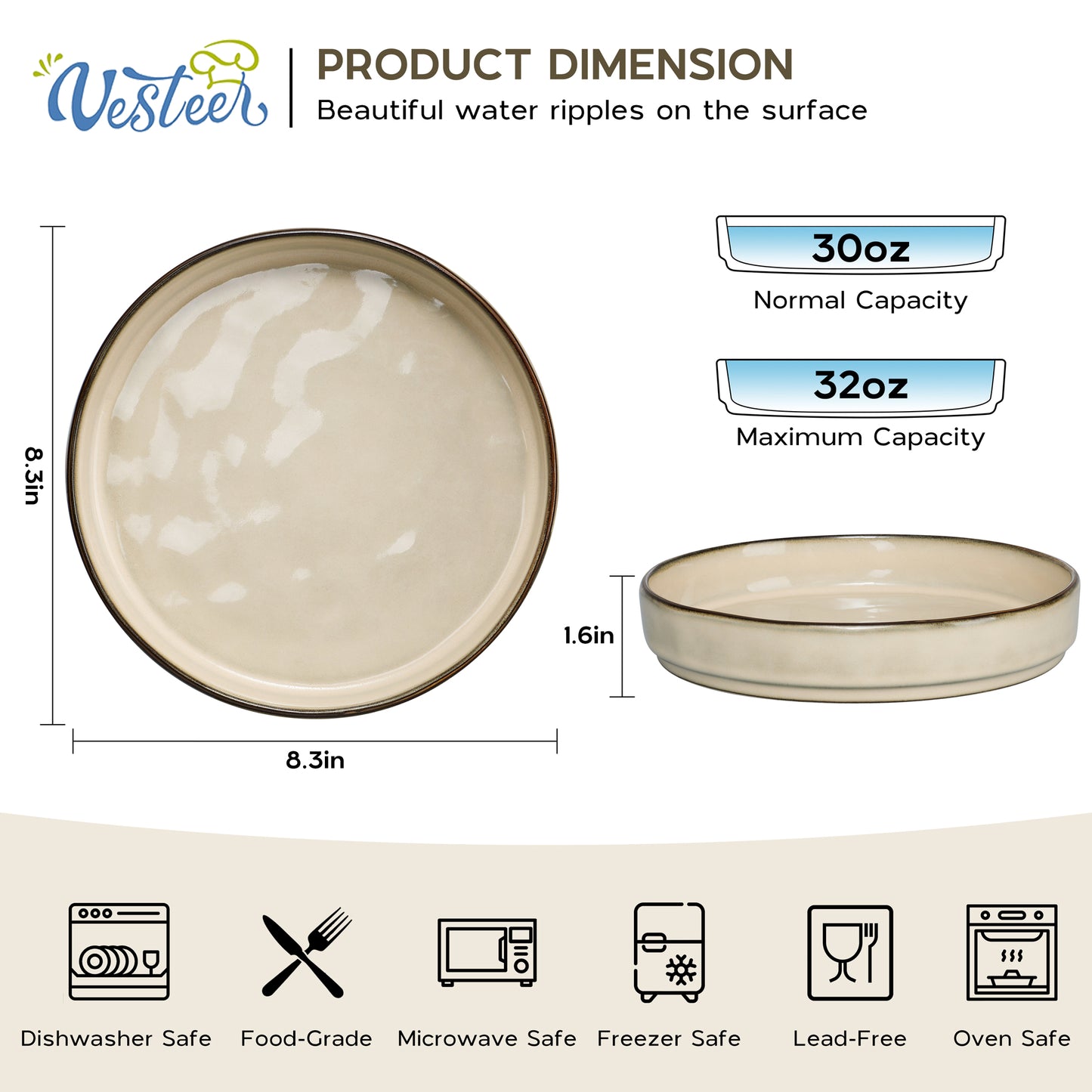 Vesteel Pasta Bowls Set of 4, 30oz Stoneware Salad Bowl, Large Dinner Bowls for Eating Serving Soup Noodle Pasta, Microwave & Dishwasher Safe, Khaki