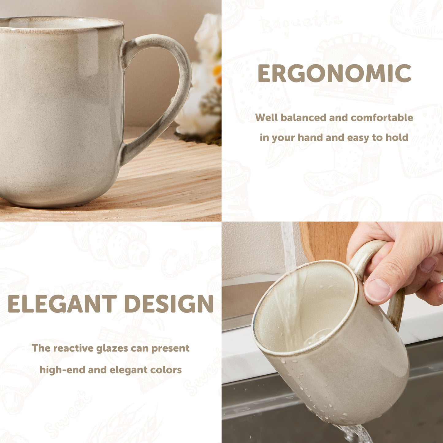 Vesteel Coffee Mug Set of 4, Ceramic Coffee Cups with Handles, 14oz Handmade Reactive Glaze Mugs Set for Coffee Tea Milk, Mug Gifts for Thanksgiving Day Anniversary, Khaki