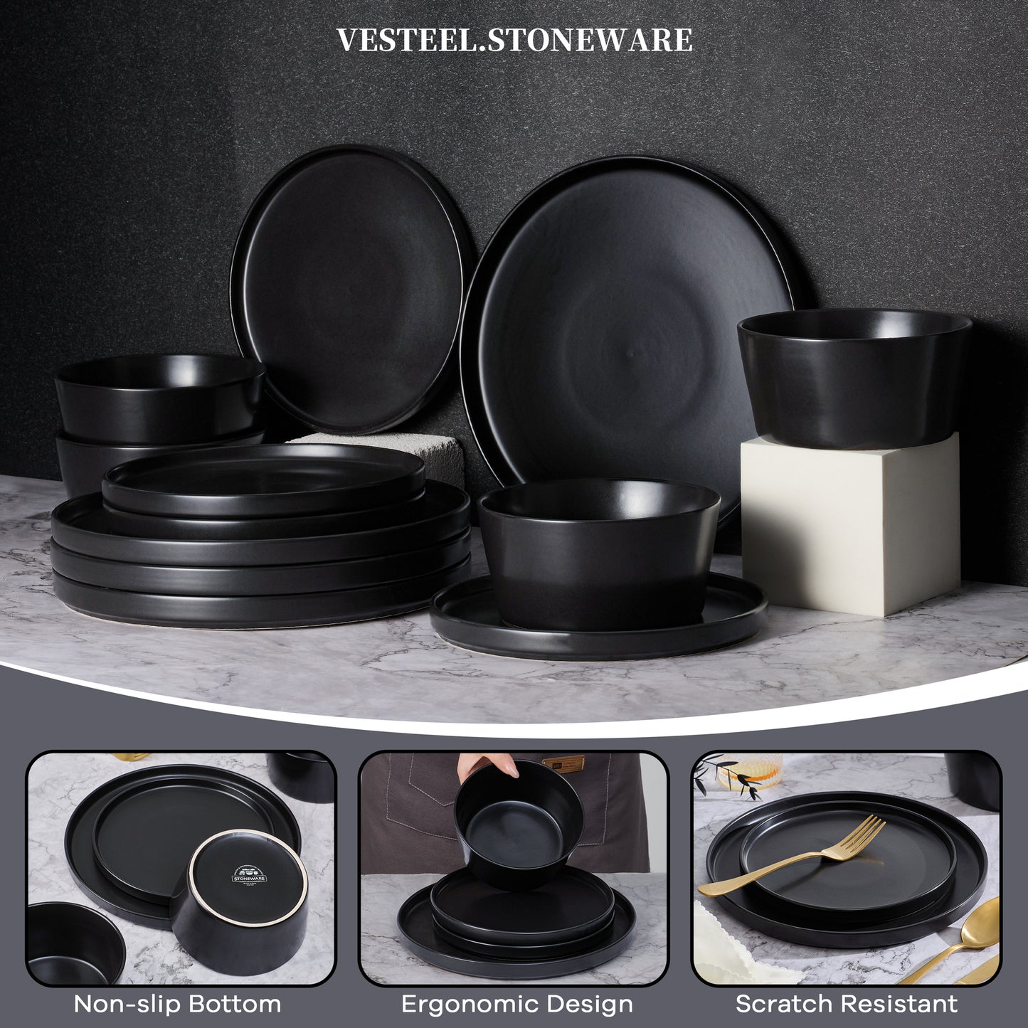 Vesteel Dinnerware Sets for 4, 12Pcs Stoneware Plates and Bowls Set, Elegant Tableware set for Home Restaurant, Chip & Scratch Resistant Dishes Set , Black