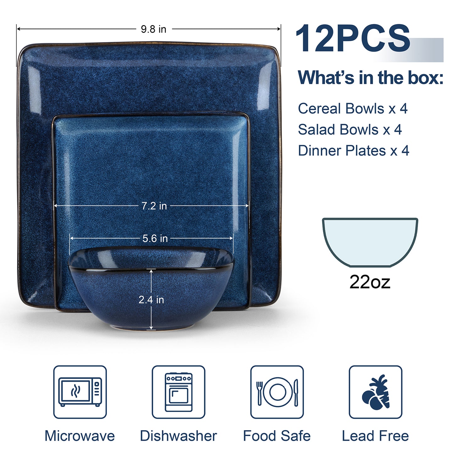 Vesteel 12 Pieces Square Dinnerware Sets, Ceramic Plates and Bowls Sets for 4, Handmade Reactive Glaze Dishes Set for Kitchen Dining, Microwave & Dishwasher Safe, Ocean Blue