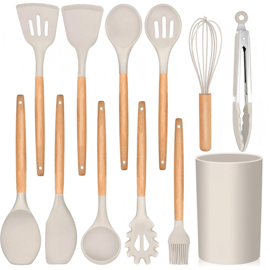 12-Piece Silicone Kitchen Cooking Utensils Set with Holder, Wooden Handle Utensils for Cooking, Kitchen Tools Include Spatula Turner Spoons Soup Ladle Tong Whisk, Khaki