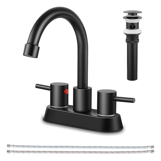 Vesteel Two Handle 4 inch Bathroom Faucet, Modern Bat Sink Faucet with 360 Swivel Spout for Bathroom, Hotel, RV, with Pop Up Sink Drain and Two Water Supply Lines, Matte Black