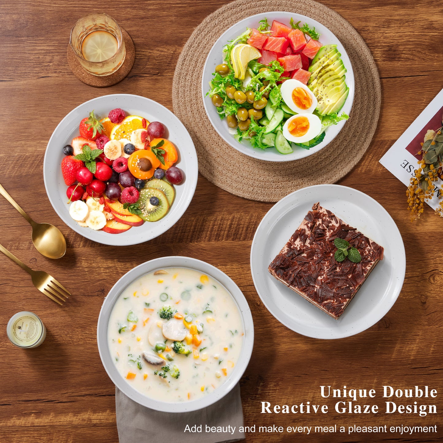 Vesteel Pasta Bowls Set of 4, 34oz Salad Plates for Home Kitchen, Stackable Large Wide Ceramic Bowls for Serving Dinner, Microwave & Dishwasher Safe, Speckled White
