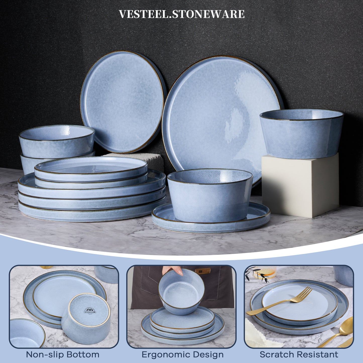 Vesteel 12Pcs Dinnerware Sets, Ceramic Plates and Bowls Sets for 4, Handmade Reactive Glaze Coupe Dishes Set for Kitchen Dining, Microwave, Uranus Blue