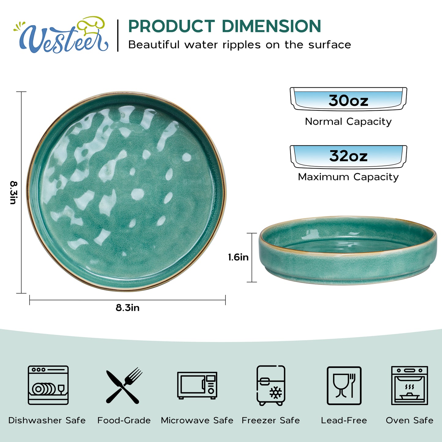 Vesteel Pasta Bowls Set of 4, 30oz Stoneware Salad Bowl, Large Dinner Bowls for Eating Serving Soup Noodle Pasta, Microwave & Dishwasher Safe, Jade Green