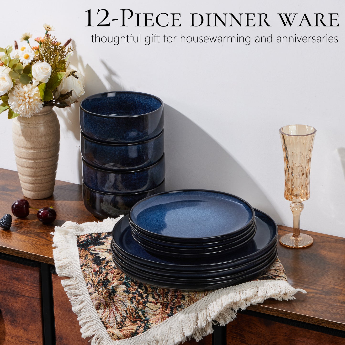 Vesteel Dinnerware Sets for 4, 12-Piece Stoneware Dish and Bowls Set, Handmade Reactive Glaze Coupe Plates Set for Family, Chip & Scratch Resistant - Ocean Blue
