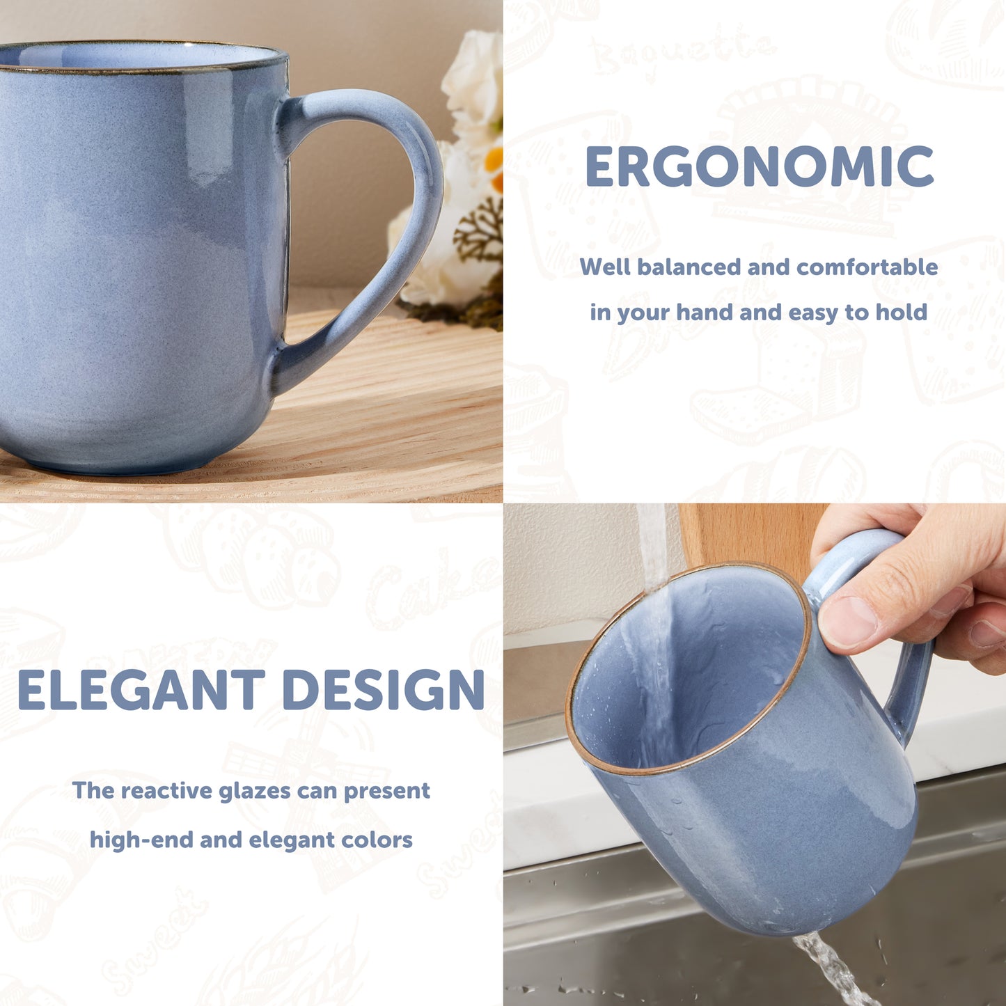 Vesteel Coffee Mug Set of 4, Ceramic Coffee Cups with Handles, 14oz Handmade Reactive Glaze Mugs Set for Coffee Tea Milk, Mug Gifts for Home Office Restaurant, Uranus Blue