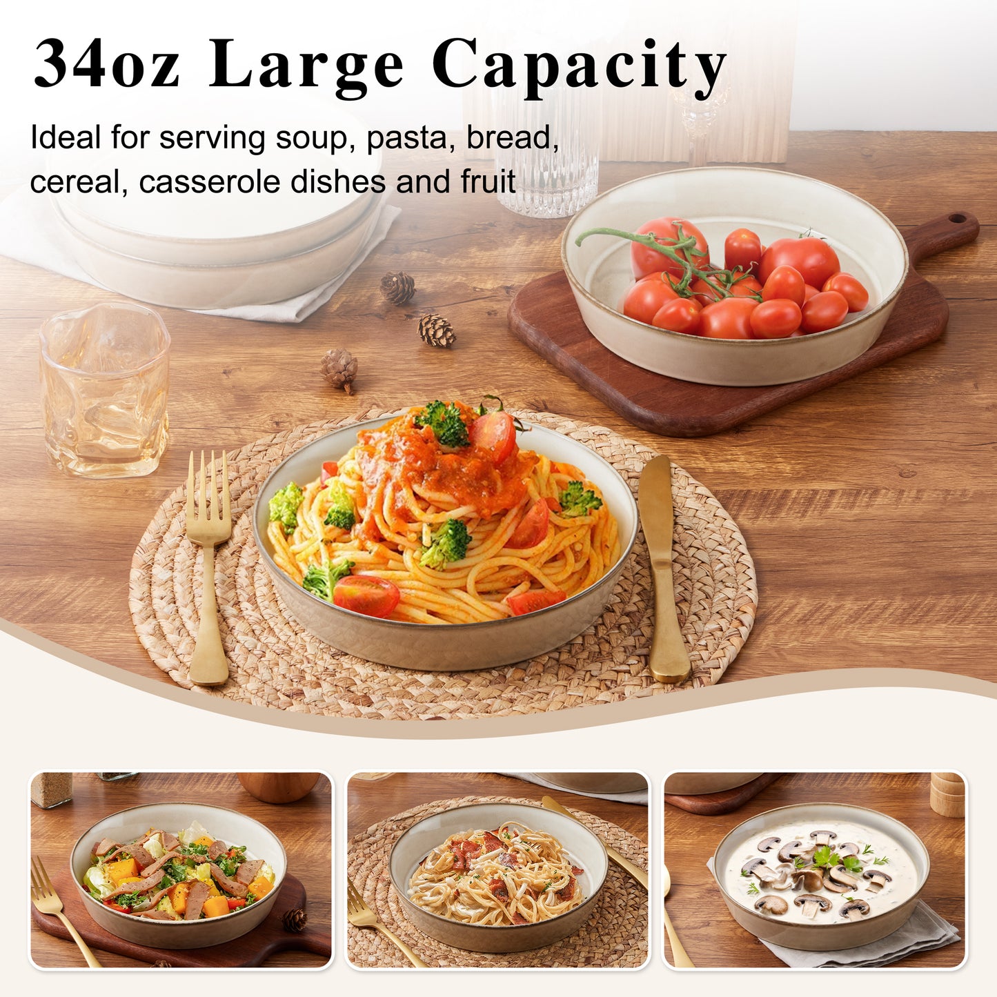 Vesteel Pasta Bowls Set of 4, 34oz Salad Plates for Home Kitchen, Double Reactive Glaze Large Wide Ceramic Bowls for Serving Dinner, Microwave & Dishwasher Safe, Khaki