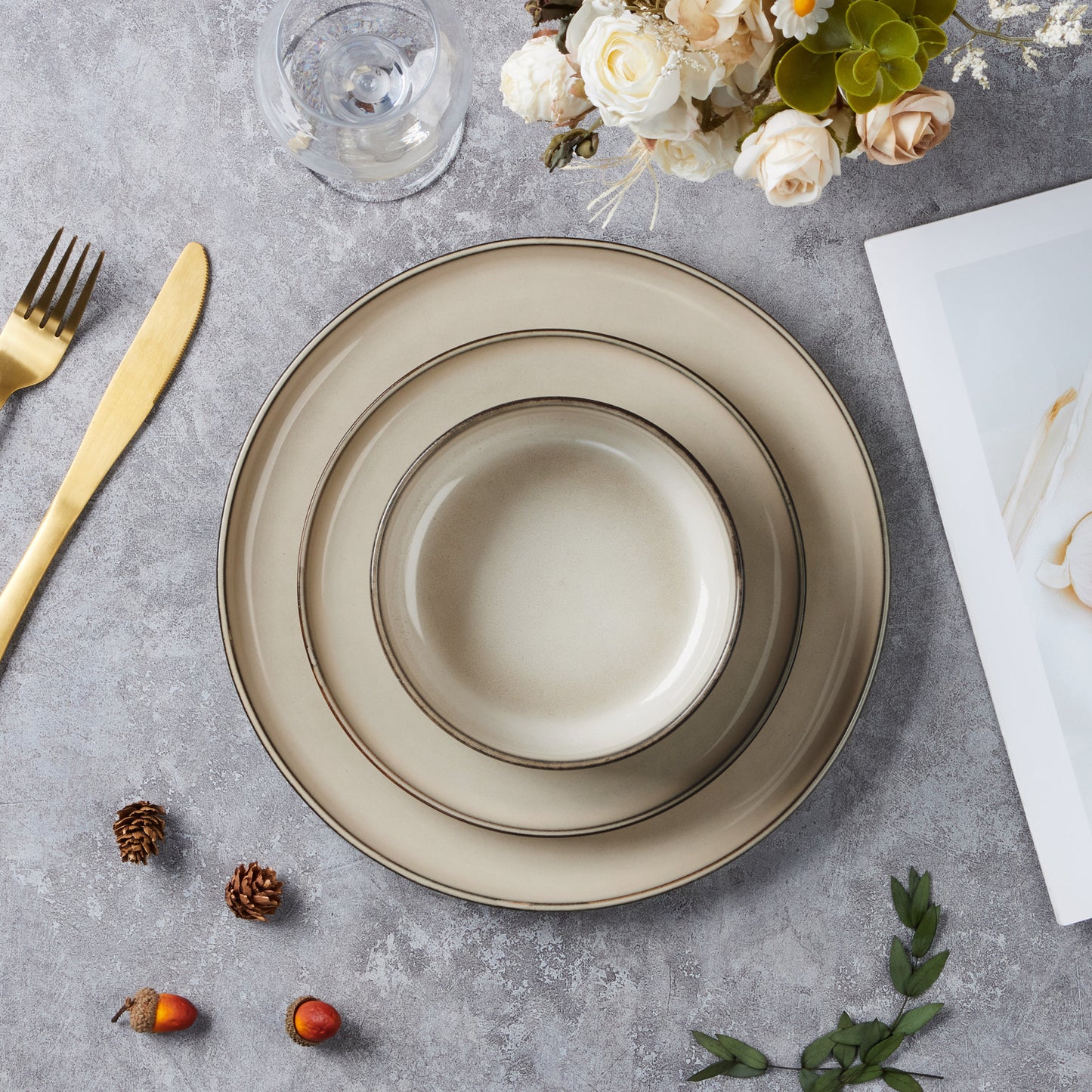 Vesteel Dinnerware Sets for 4, 12-Piece Stoneware Dish and Bowls Set, Handmade Reactive Glaze Coupe Plates Set for Family, Chip & Scratch Resistant - Khaki