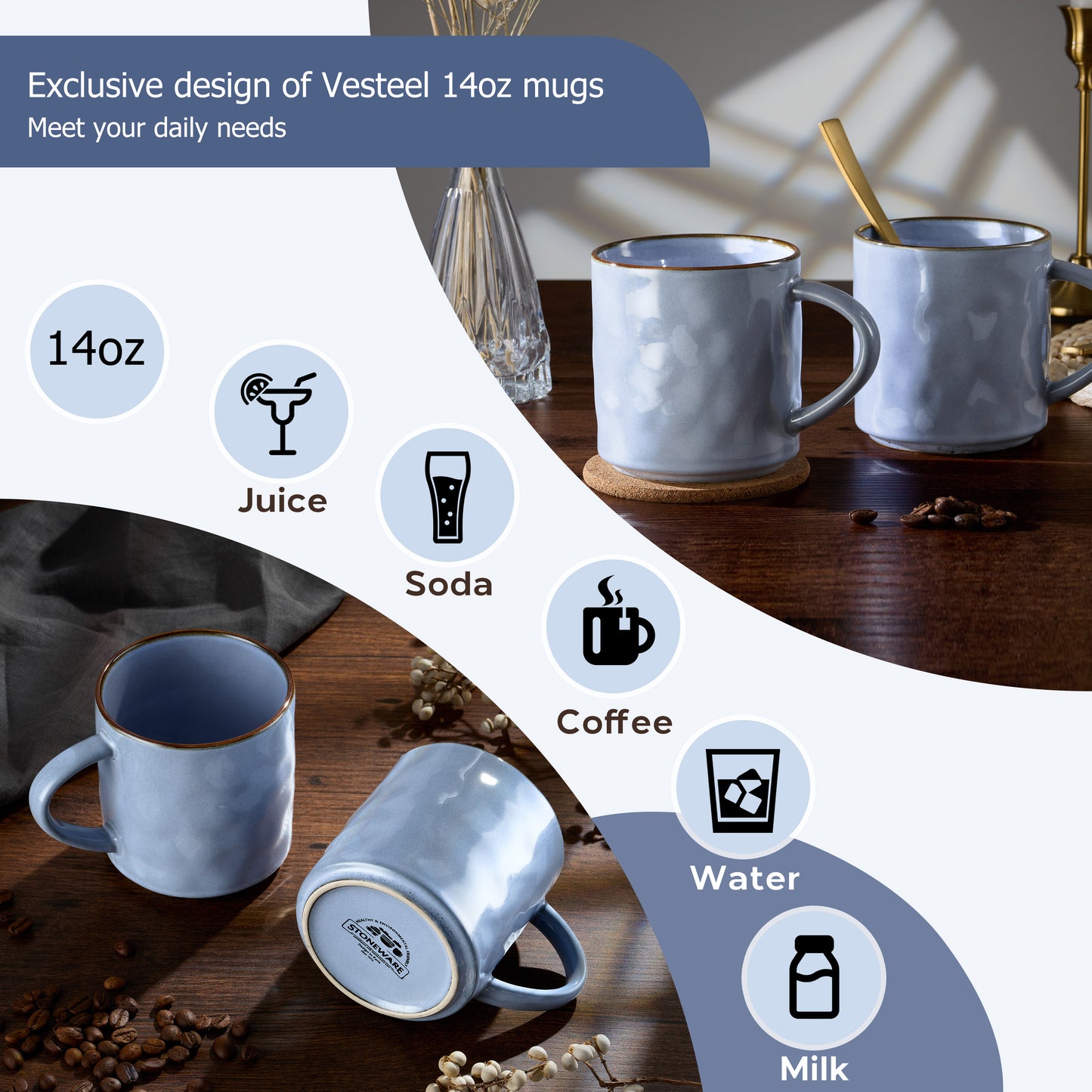 Vesteel Coffee Cups Set of 4, 14oz Ceramic Mugs Set with Handles, Porcelain Mug for Latte Tea Beer Hot Cocoa, Dishwasher & Microwave Safe, Uranus Blue