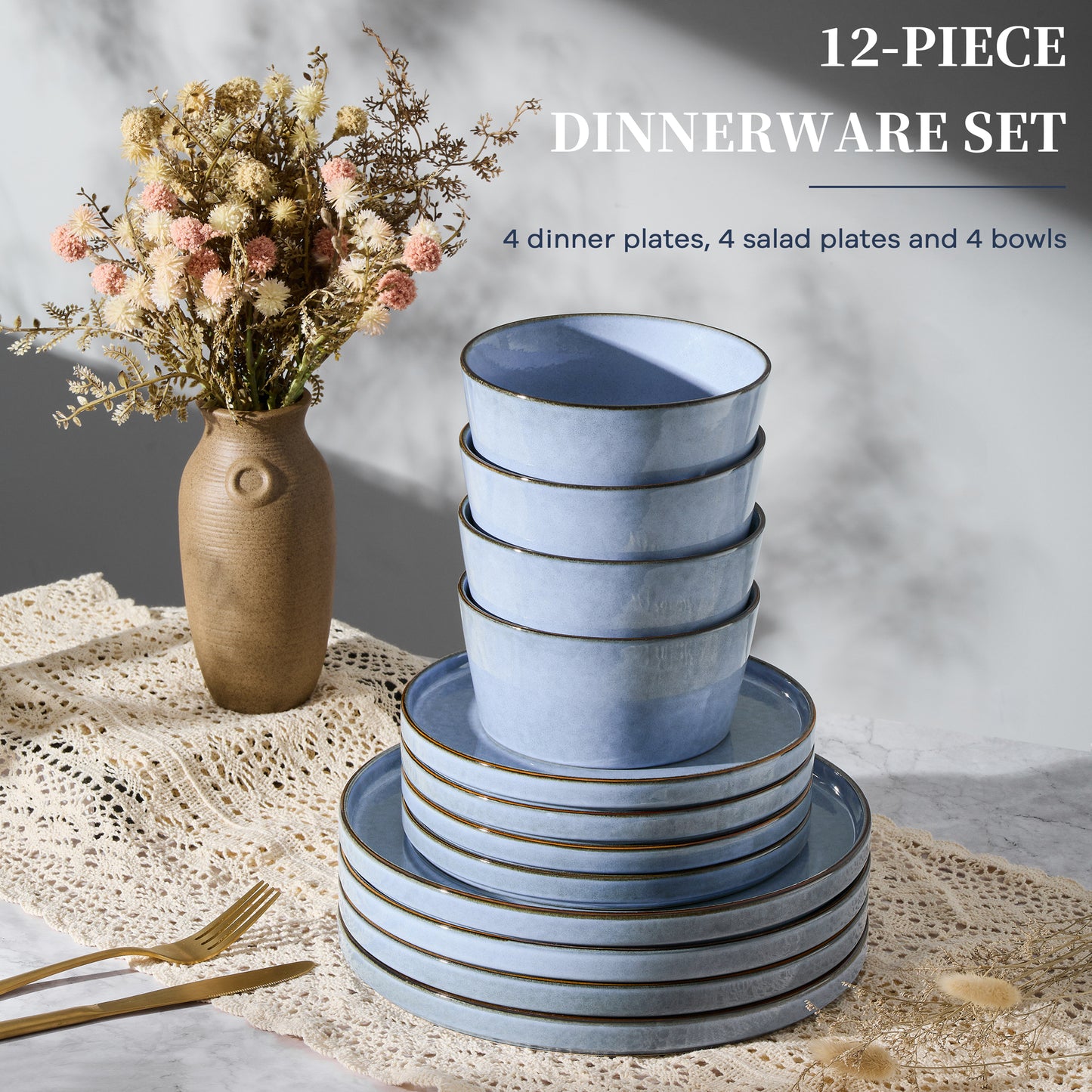 Vesteel 12Pcs Dinnerware Sets, Ceramic Plates and Bowls Sets for 4, Handmade Reactive Glaze Coupe Dishes Set for Kitchen Dining, Microwave, Uranus Blue