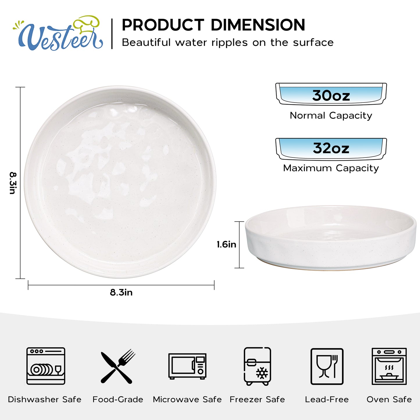 Vesteel Pasta Bowls Set of 4, 30oz Stoneware Salad Bowl, Large Dinner Bowls for Eating Serving Soup Noodle Pasta, Microwave & Dishwasher Safe, Speckled White
