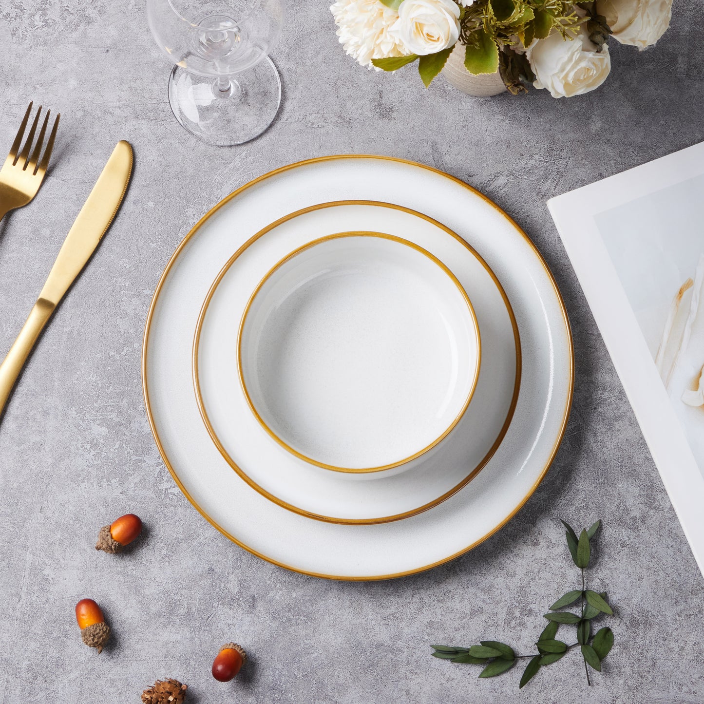 Vesteel Dinnerware Sets for 4, 12-Piece Stoneware Dish and Bowls Set, Handmade Reactive Glaze Coupe Plates Set for Family, Chip & Scratch Resistant - Seashell White