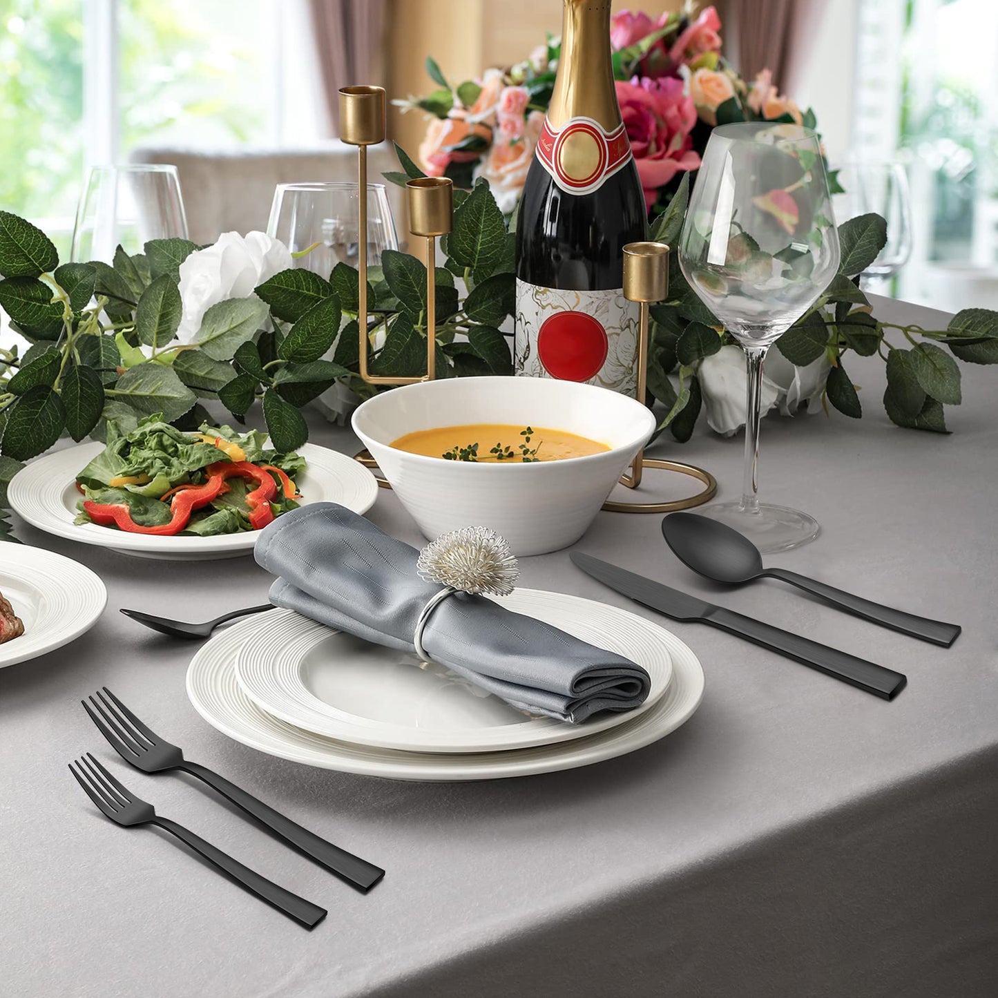 VeSteel 65Pcs Matte Black Silverware Set with Serving Utensils, Stainless Steel Flatware Set Service for 12, Metal Cutlery Eating Utensils Tableware Includes Forks/Spoons/Knives/Hostess Set