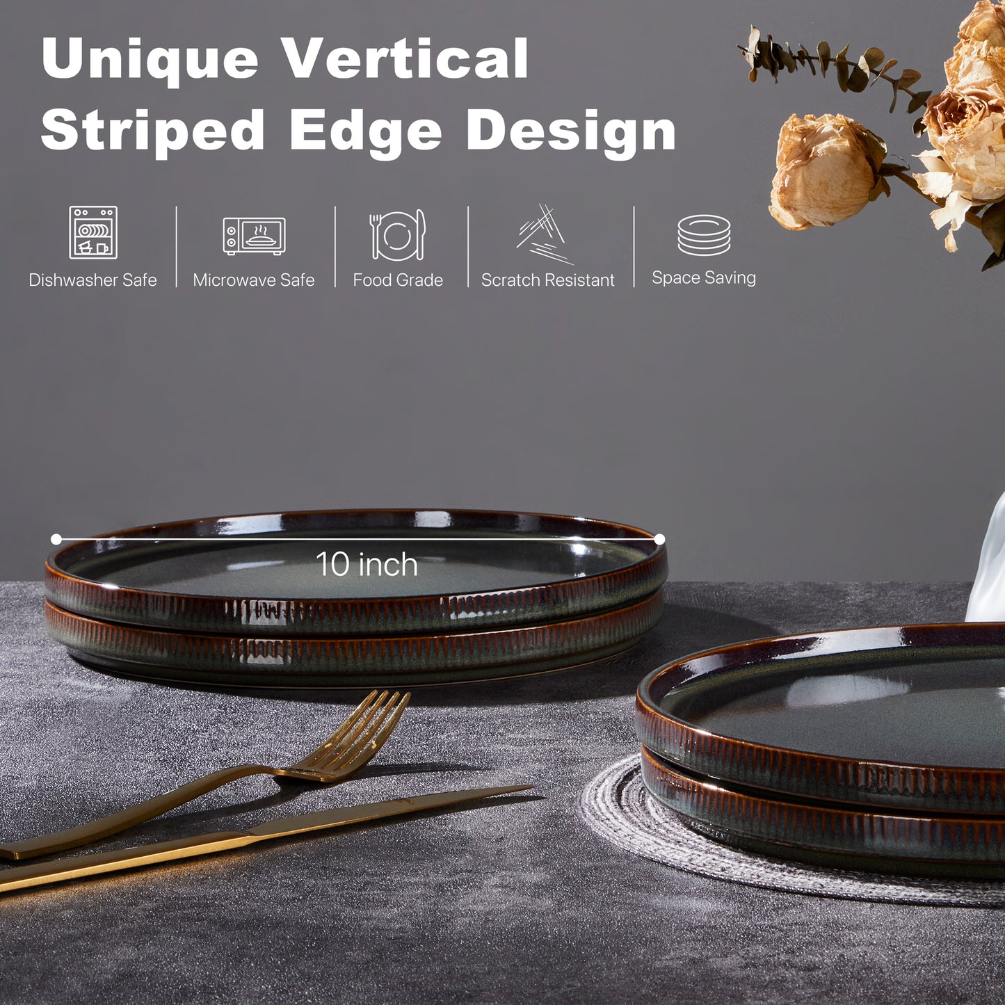 Vesteel 4 Pieces Dinner Plates Set, Premium Stoneware Ribbed Dishes, Chip & Scratch Resistant Ceramic Set for Home Restaurant, Microwave and Dishwasher Safe - Forest Green