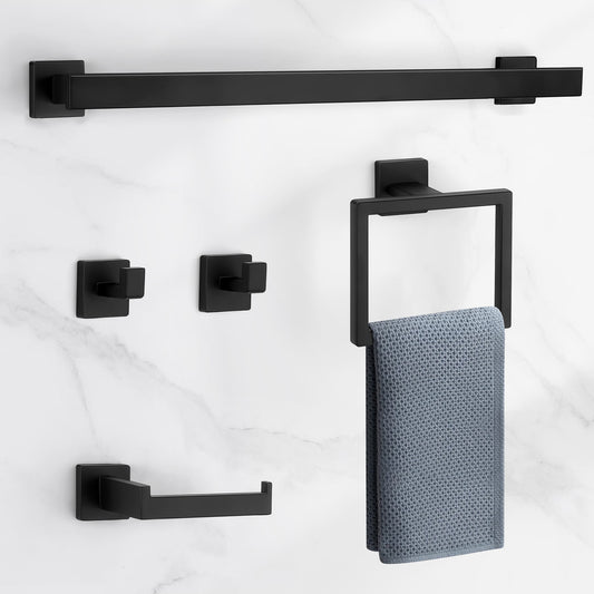 Vesteel Bathroom Hardware Set, 5-Pieces Stainless Steel Bath Towel Bar Set, 24 Inch Towel Racks for Bathroom, Bath Accessories Sets Wall Mounted, Matte Black
