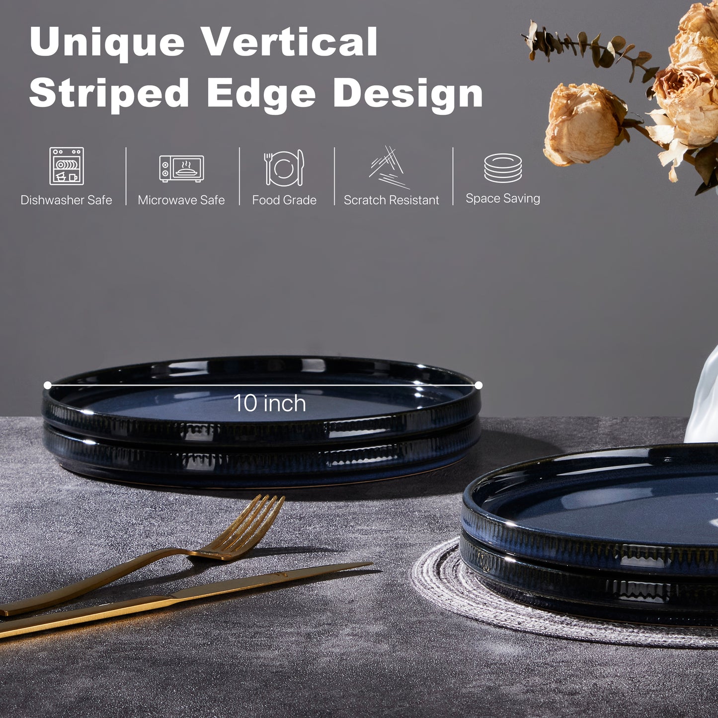 Vesteel 4 Pieces Dinner Plates Set, Premium Stoneware Ribbed Dishes, Chip & Scratch Resistant Ceramic Set for Home Restaurant, Microwave and Dishwasher Safe - Ocean Blue