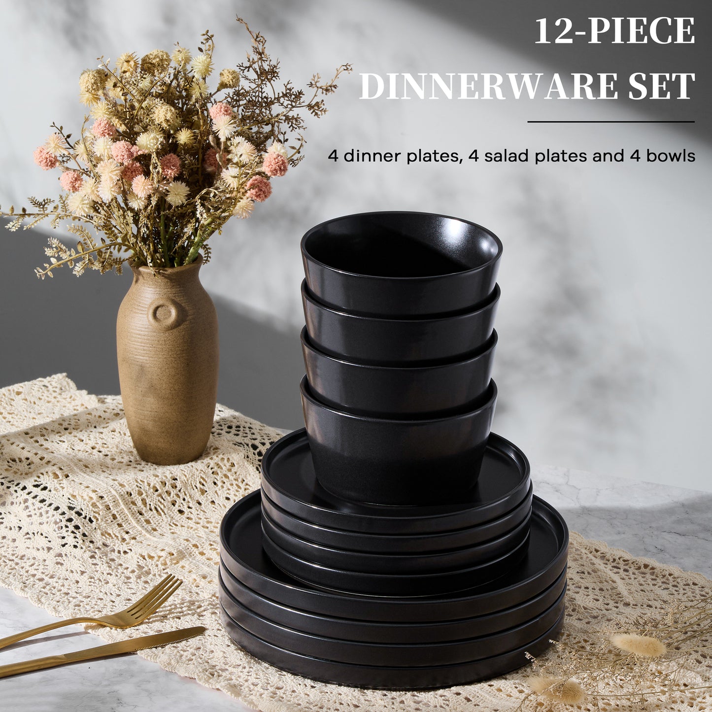 Vesteel Dinnerware Sets for 4, 12Pcs Stoneware Plates and Bowls Set, Elegant Tableware set for Home Restaurant, Chip & Scratch Resistant Dishes Set , Black