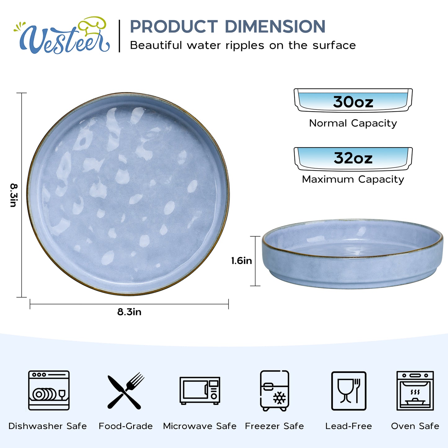 Vesteel Pasta Bowls Set of 4, 30oz Stoneware Salad Bowl, Large Dinner Bowls for Eating Serving Soup Noodle Pasta, Microwave & Dishwasher Safe, Uranus Blue