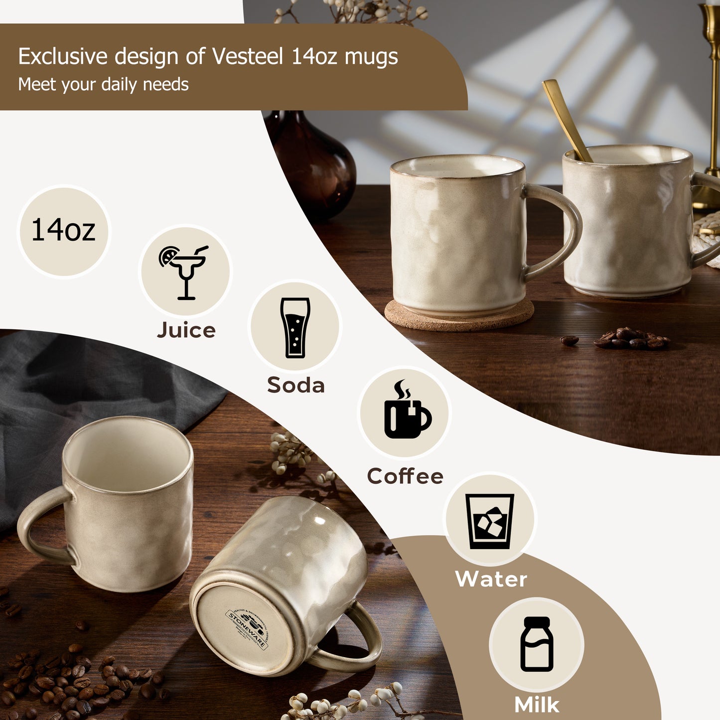 Vesteel Coffee Mug Set of 4, Ceramic Coffee Cups with Handles, 1oz Stoneware Mugs set for Coffee Tea Milk, Wave Design Mug Gifts for Home Office Restaurant, Khaki