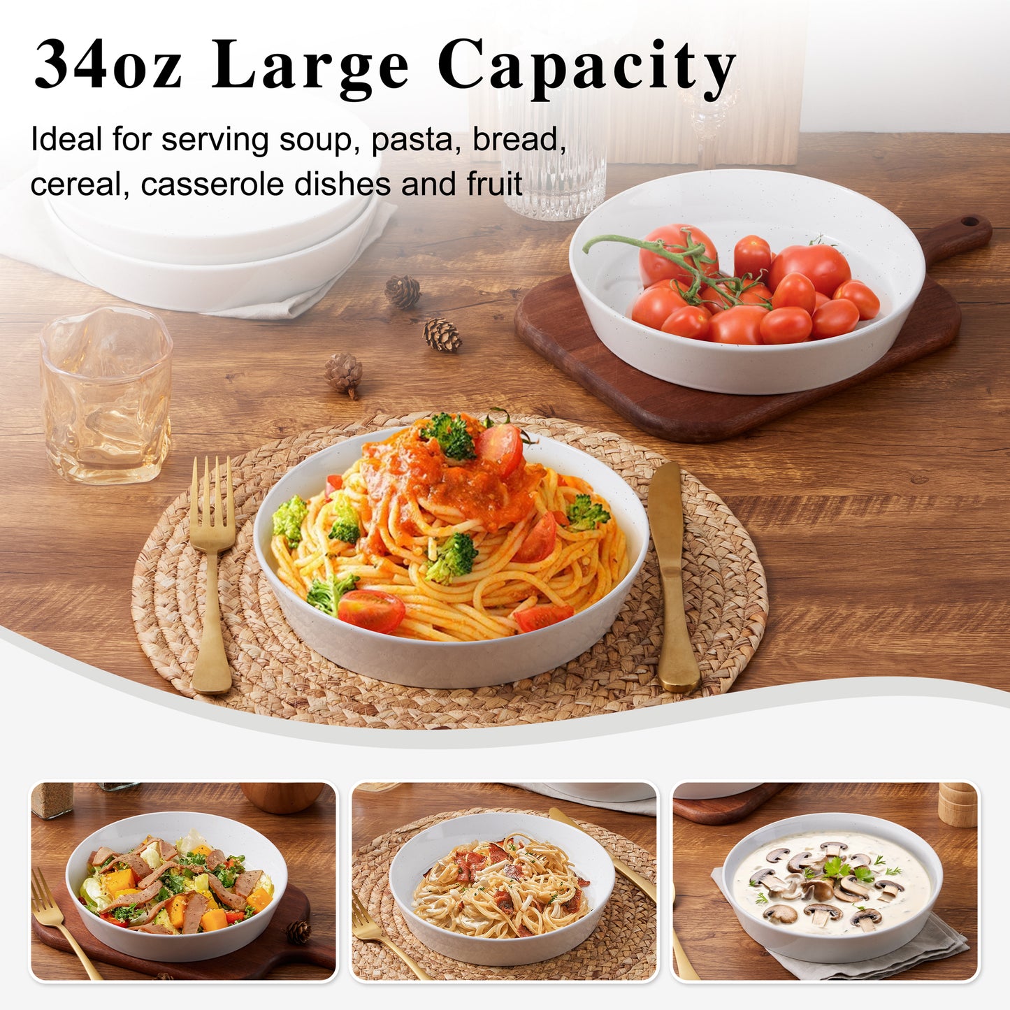 Vesteel Pasta Bowls Set of 4, 34oz Salad Plates for Home Kitchen, Stackable Large Wide Ceramic Bowls for Serving Dinner, Microwave & Dishwasher Safe, Speckled White