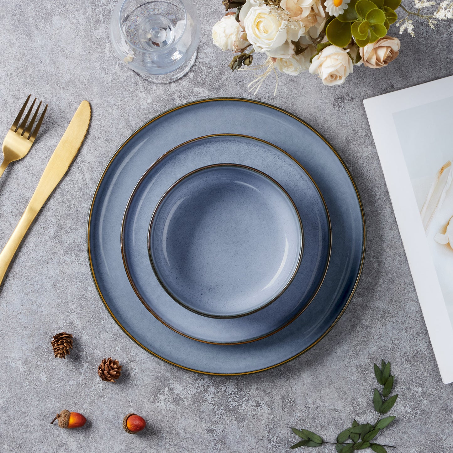 Vesteel Dinnerware Sets for 4, 12-Piece Stoneware Dish and Bowls Set, Handmade Reactive Glaze Coupe Plates Set, Chip & Scratch Resistant - Uranus Blue