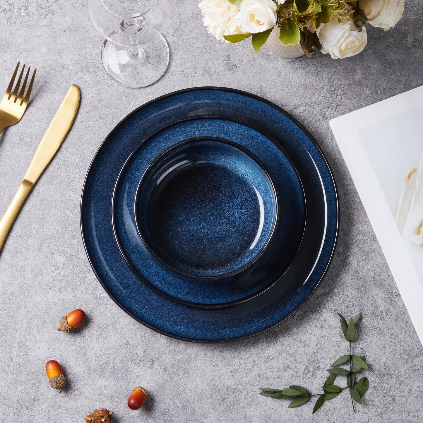 Vesteel Dinnerware Sets for 4, 12-Piece Stoneware Dish and Bowls Set, Handmade Reactive Glaze Coupe Plates Set for Family, Chip & Scratch Resistant - Ocean Blue