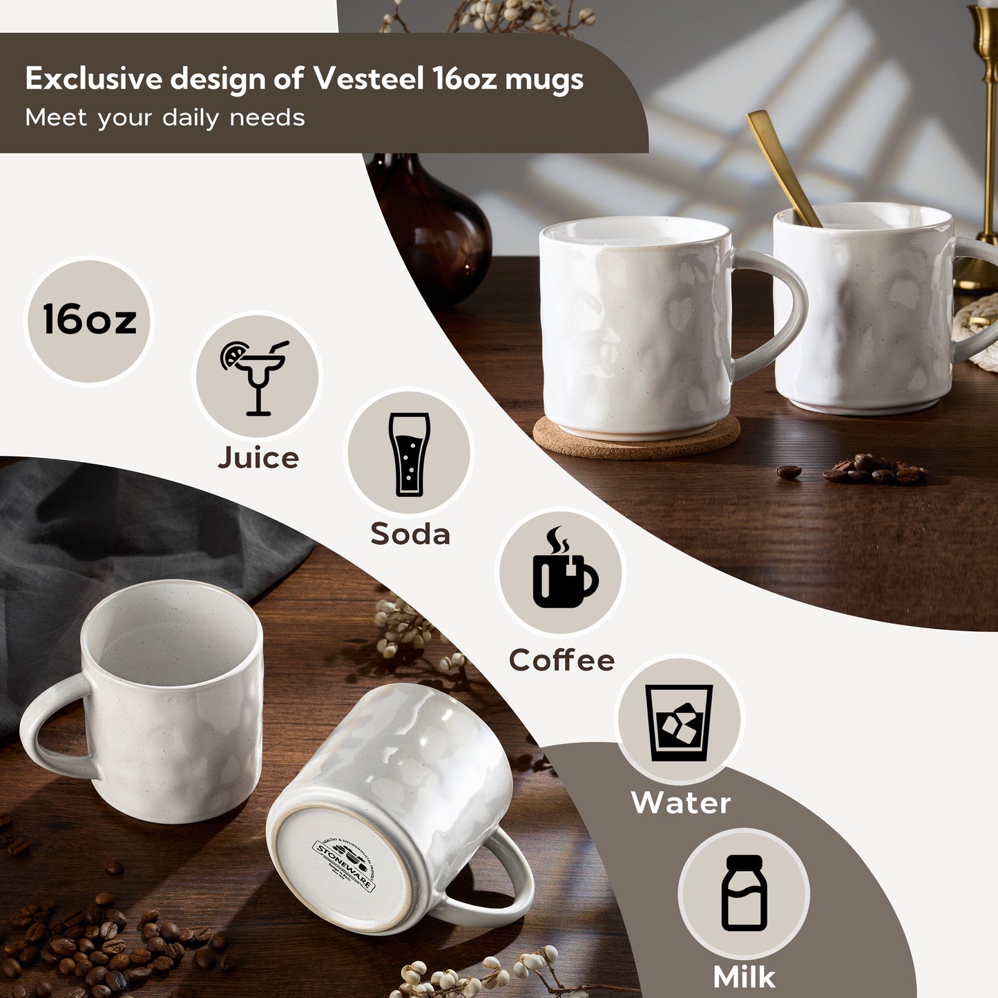 Vesteel Coffee Mugs Set of 4, 16oz Ceramic Coffee Cups with Handle for Men Women, Stoneware Mugs for Tea Latte, Housewarming Wedding Gifts, Speckled White