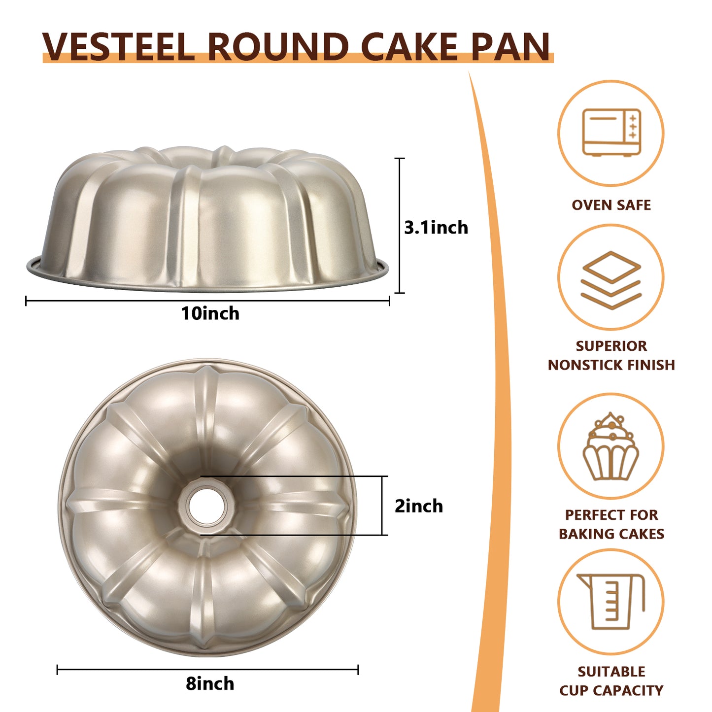 Vesteel 2 Pack Bundt Cake Pan, 10" Nonstick Fluted Cake Pans for Baking, 10 Cups Heavy Duty Carbon Steel Tube Round Cake Mold for Brownie, Pumpkin Bread, Durable & Easy Release, Gold
