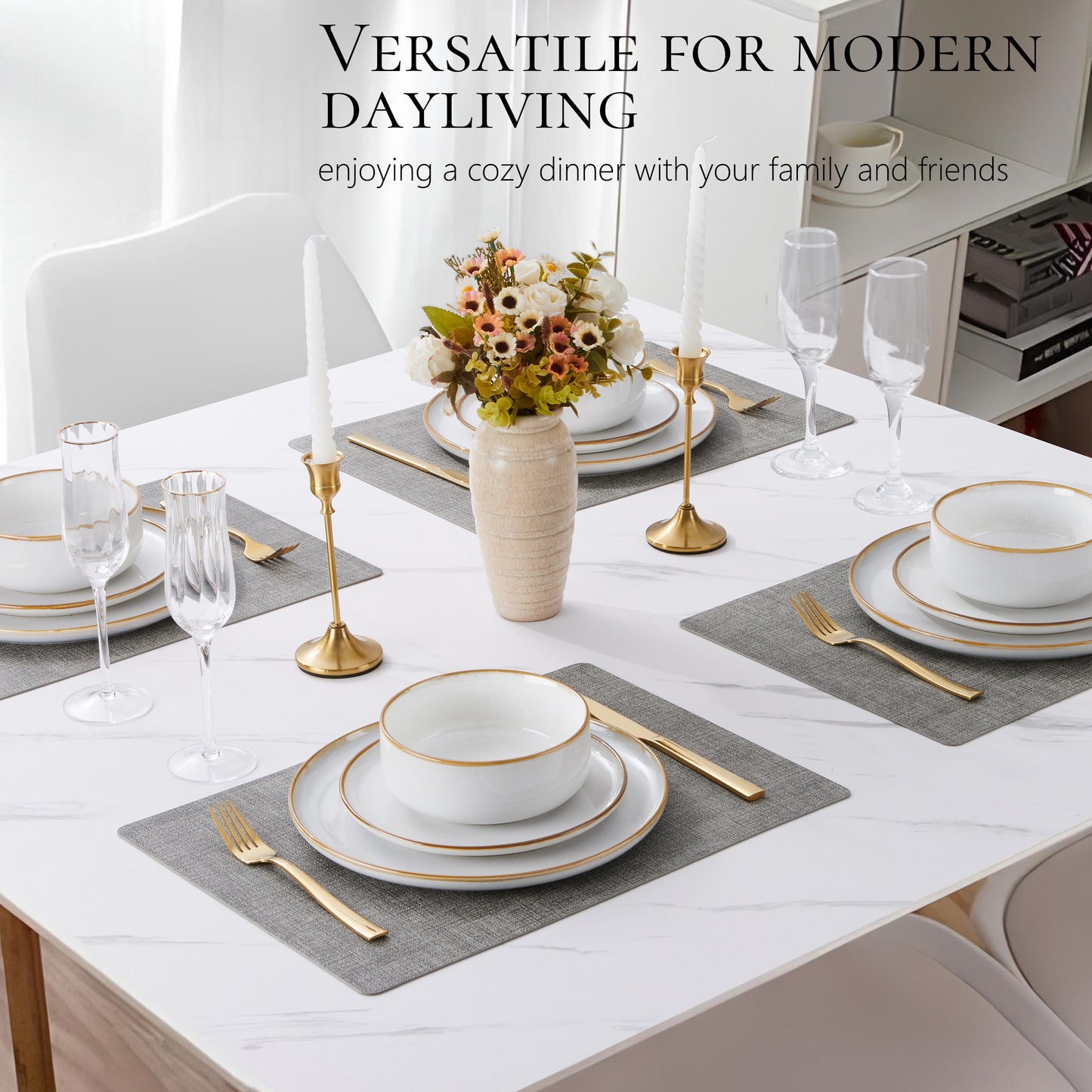 Vesteel Dinnerware Sets for 4, 12-Piece Stoneware Dish and Bowls Set, Handmade Reactive Glaze Coupe Plates Set for Family, Chip & Scratch Resistant - Seashell White