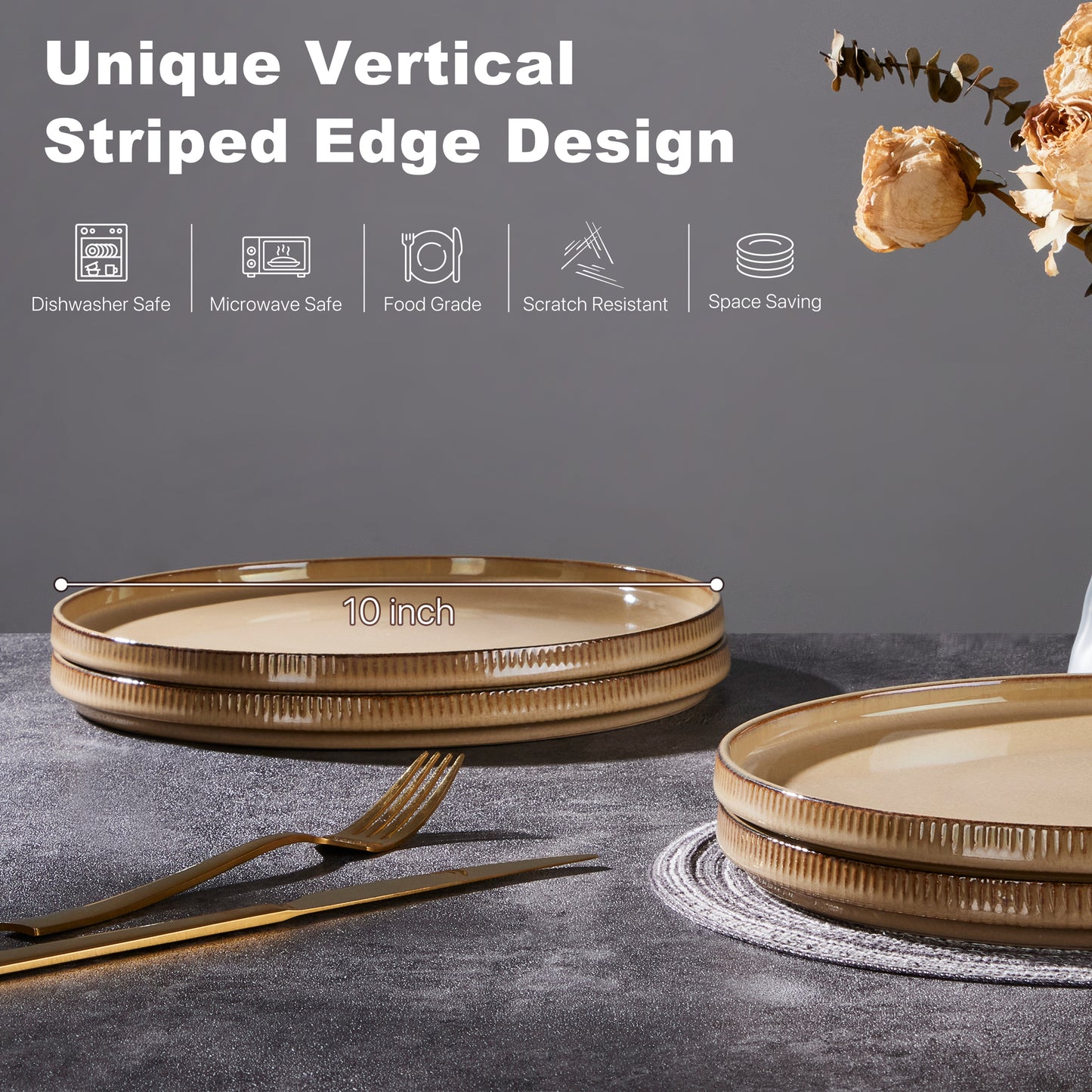 Vesteel 4 Pieces Dinner Plates Set, Premium Stoneware Ribbed Dishes, Chip & Scratch Resistant Ceramic Set for Home Restaurant, Microwave and Dishwasher Safe - Khaki