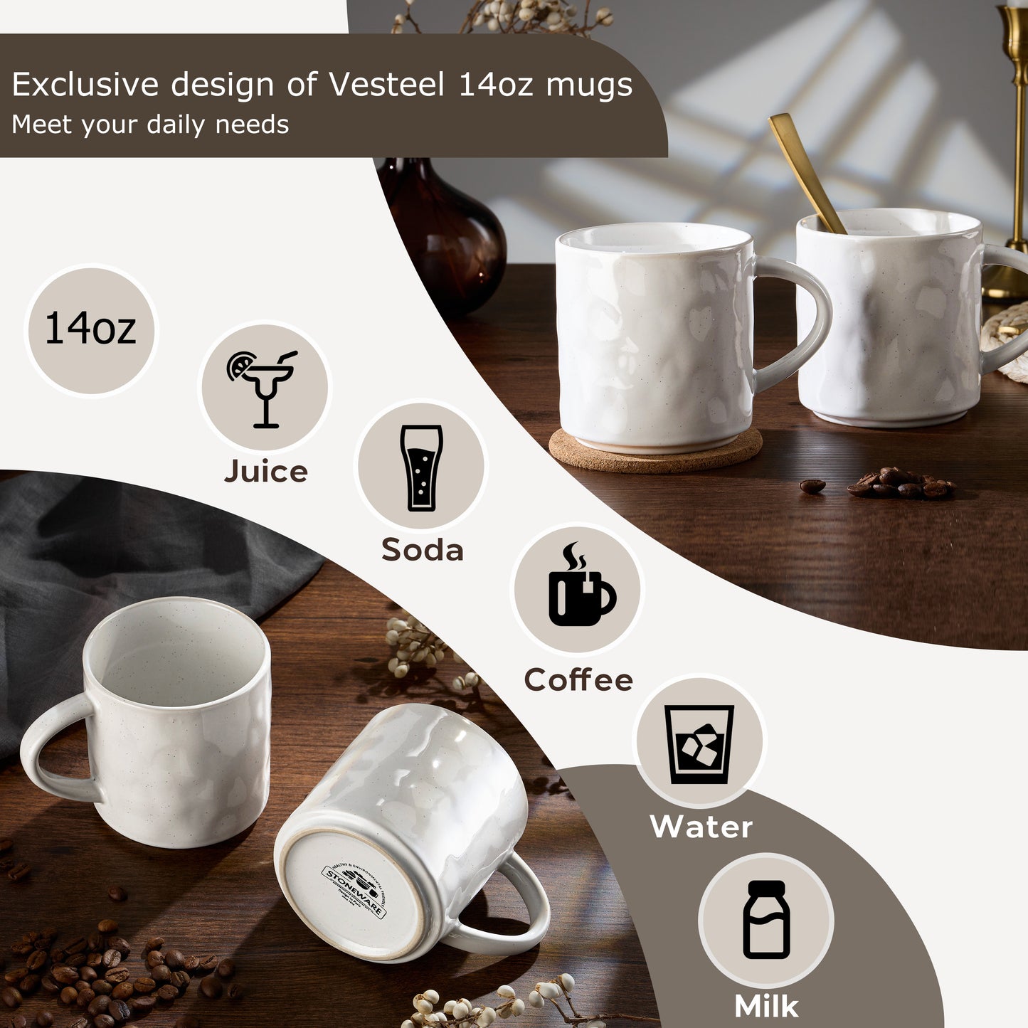Vesteel Coffee Mugs Set of 4, 14oz Ceramic Coffee Cups with Handles for Men Women, Stoneware Mugs for Tea Latte, Housewarming Wedding Gifts, Speckled White