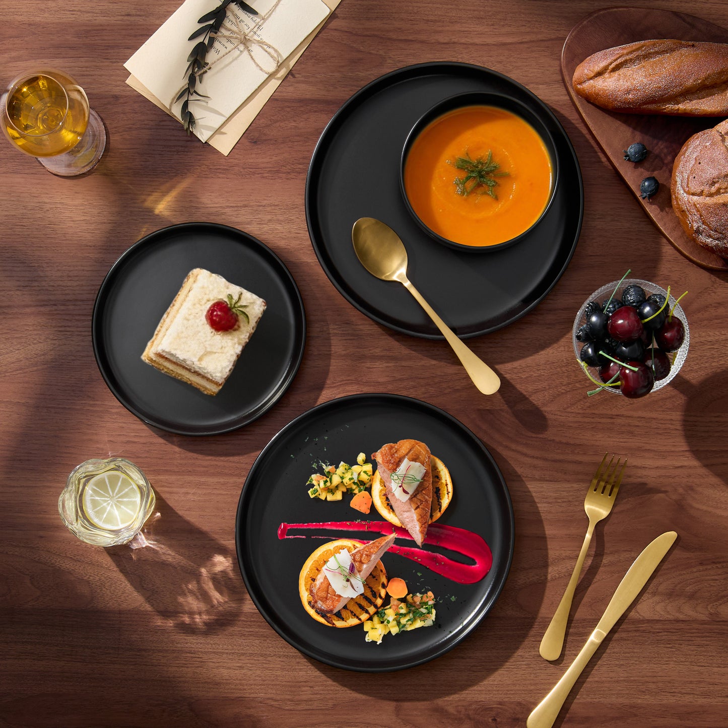 Onader 12-Piece Dinnerware Sets, Plates and Bowls Set for 4, Stoneware Dishware for Home Restaurant, Dishwasher & Microwave Safe, Matte Black