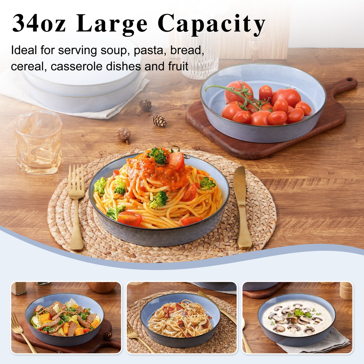 Vesteel Pasta Bowls Set of 4, 34oz Salad Plates for Home Kitchen, Double Reactive Glaze Large Wide Ceramic Bowls for Serving Dinner, Microwave & Dishwasher Safe, Grayish Blue