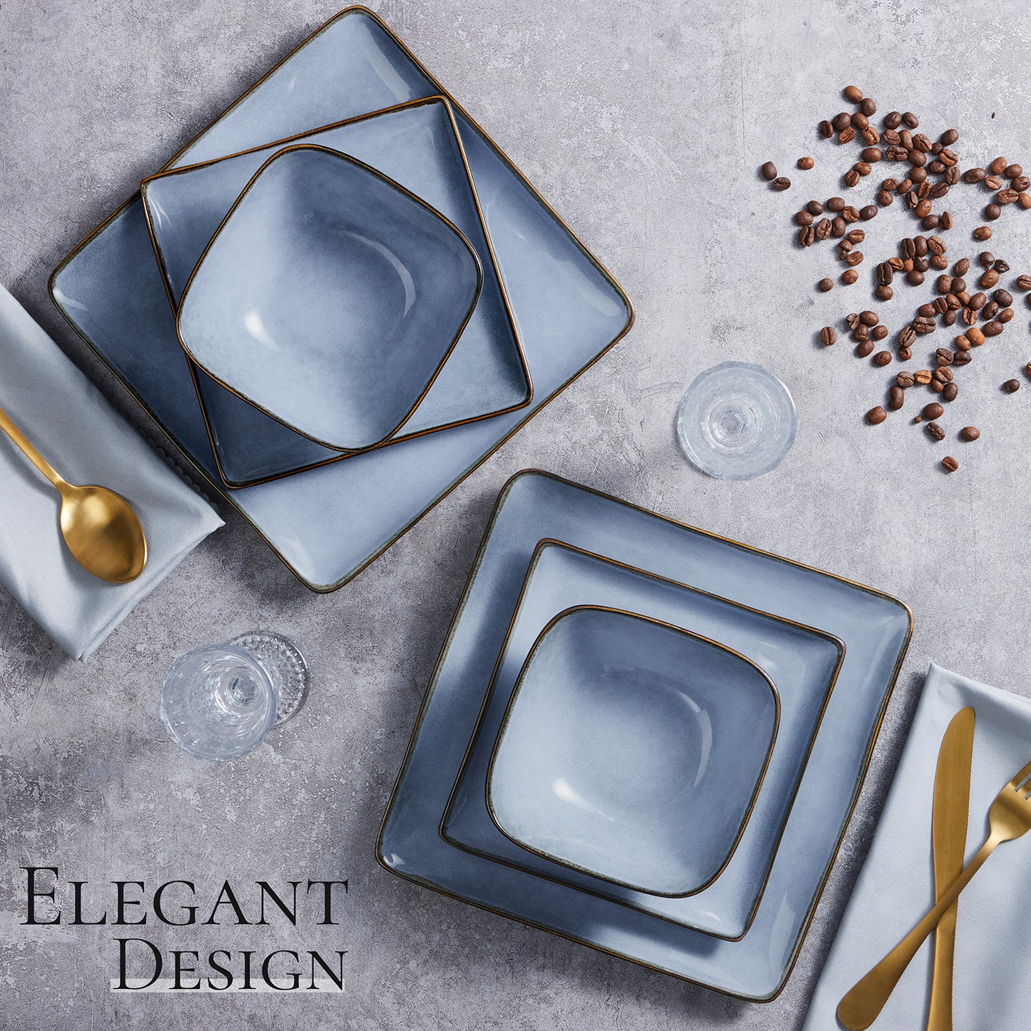 Vesteel Dinnerware Sets for 4, 12-Piece Square Stoneware Dish and Bowls Set, Handmade Reactive Glaze Coupe Plates Set, Chip & Scratch Resistant - Uranus Blue