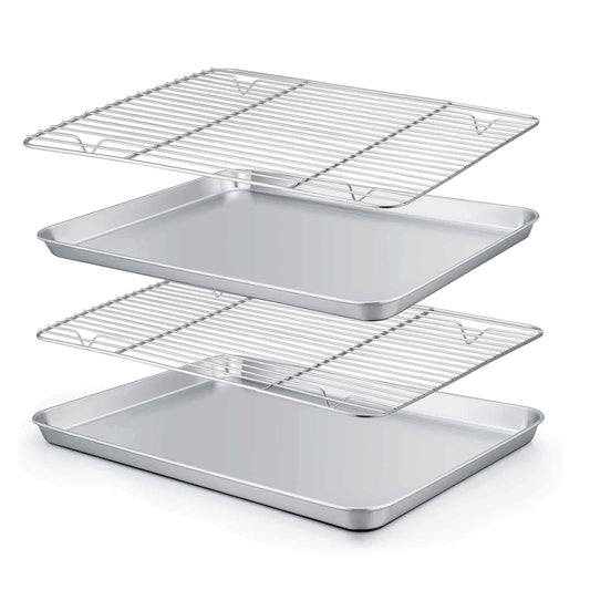 Vesteel 16 inch Stainless Steel Baking Sheet with Rack Set of 4, Cookie Sheet Baking Pan Tray with Cooling Rack, Non Toxic & Dishwasher Safe